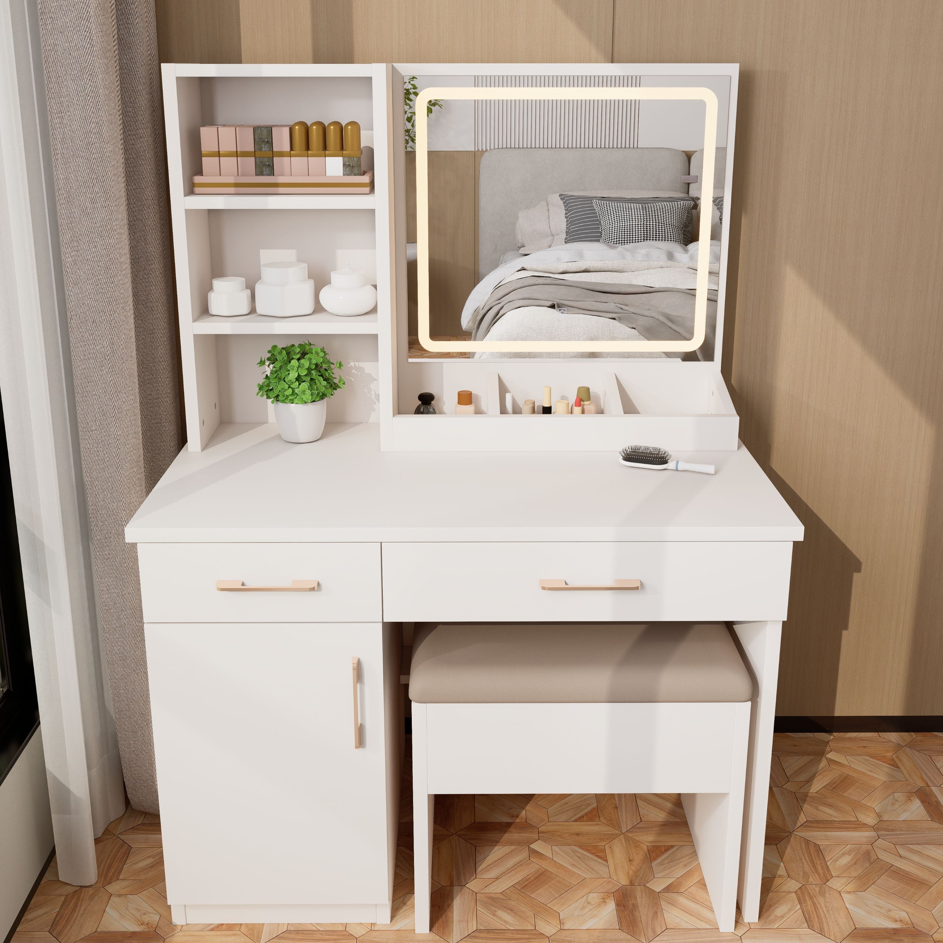Furnibear Vanity Desk Set with Mirror and Light, Makeup Table with 2 Drawers and Cabinet, Power Outlet and 3 Color Modes Brightness Adjustable