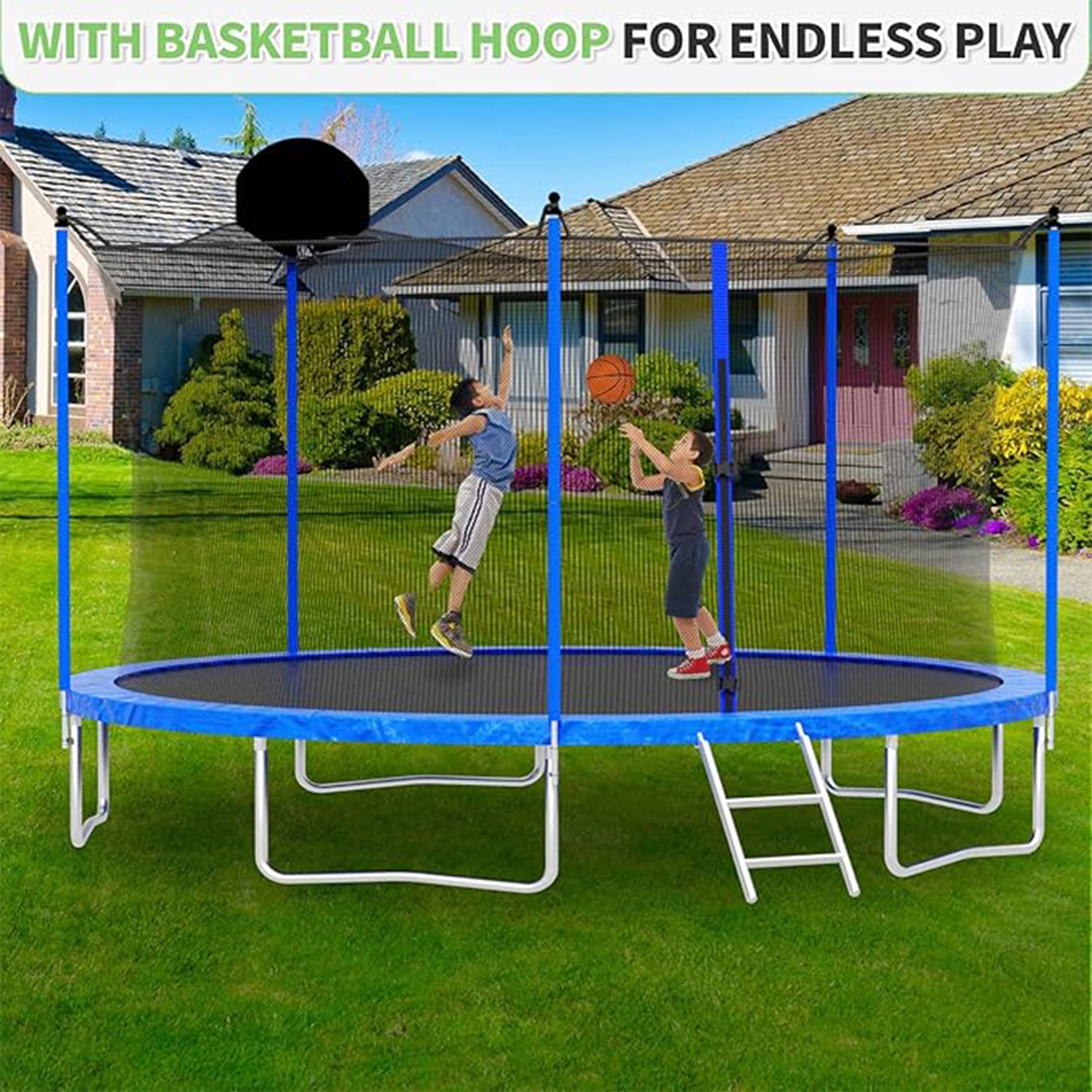 Furnibear 1000 LBS 12 FT Trampoline for Kids and Adults, Heavy-Duty Recreational Outdoor Trampoline with Basketball Hoop and Safety Enclosure Net