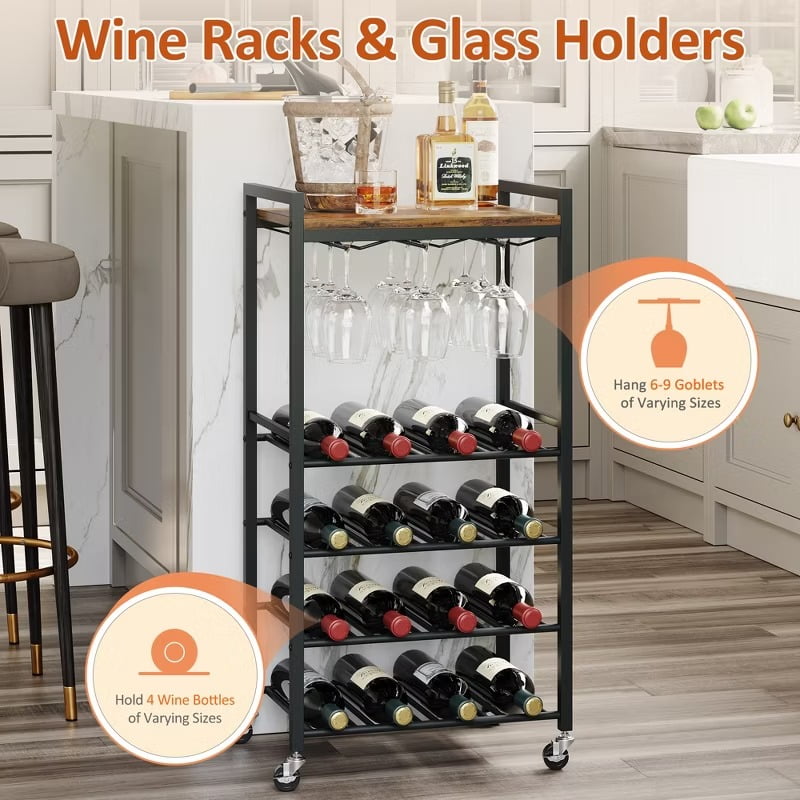 Furnibear 5-Tier Rolling Wine Rack with Glass Holder Tabletop - Holds 16 Bottles, Rustic Brown Iron/Wood Design for Kitchen, Bar or Dining Room