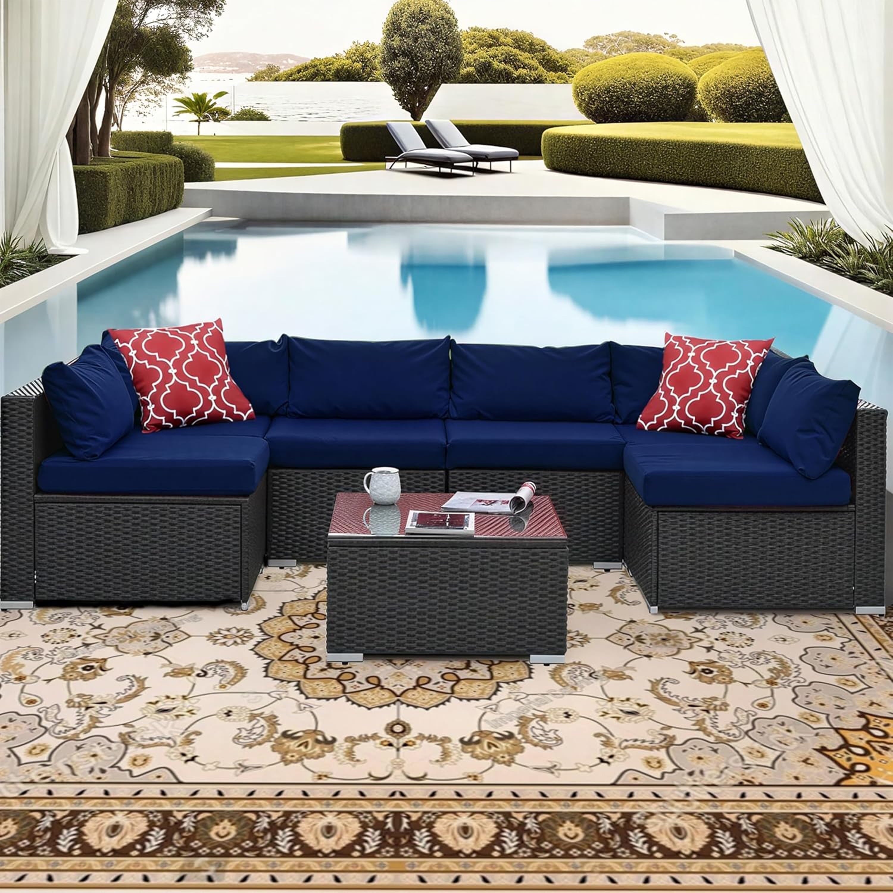 Furnibear 7 Pieces Outdoor Patio Sectional Sofa Couch, Black Wicker Patio Furniture Conversation Sets with Washable Cushions and Glass Coffee Table for Garden, Poolside, Backyard