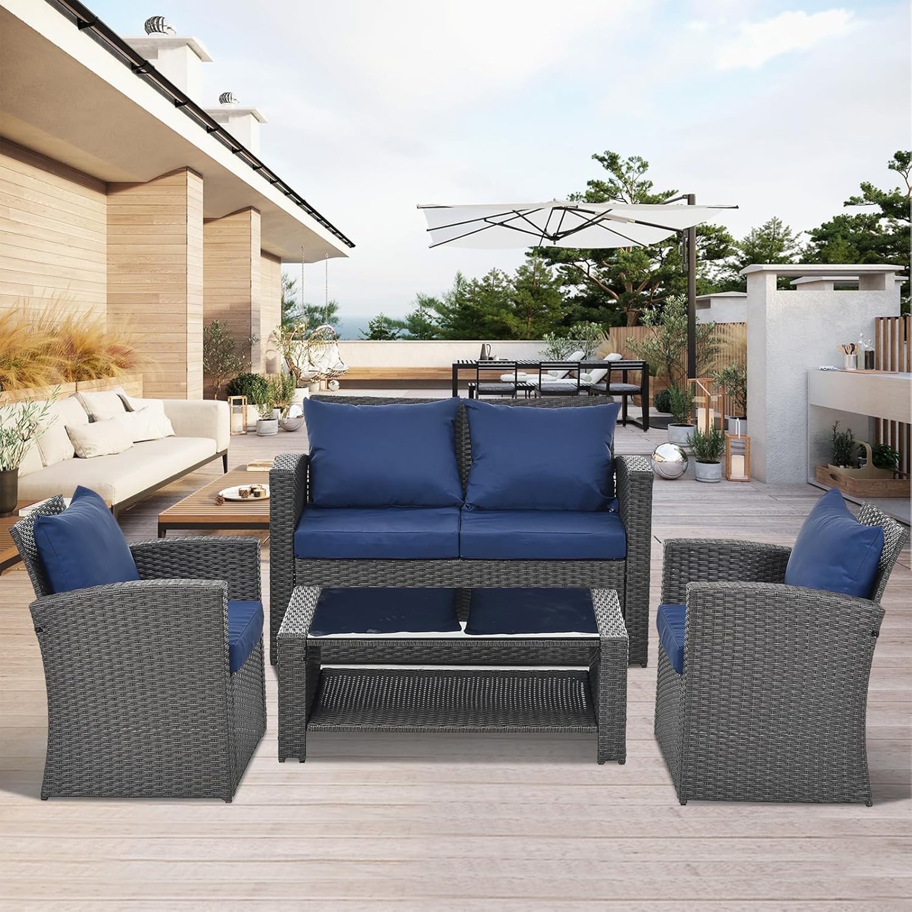 Furnibear 4 Pieces Patio Conversation Set, Outdoor Rattan Sectional Sofa, Cushioned Patio Furniture Set, Wicker Sofa Ideal for Garden, Porch, Backyard