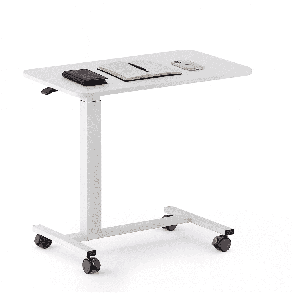 Furnibear Adjustable Rolling Desk with Lockable Wheels Portable Bed Side Table Standing Laptop Desk White