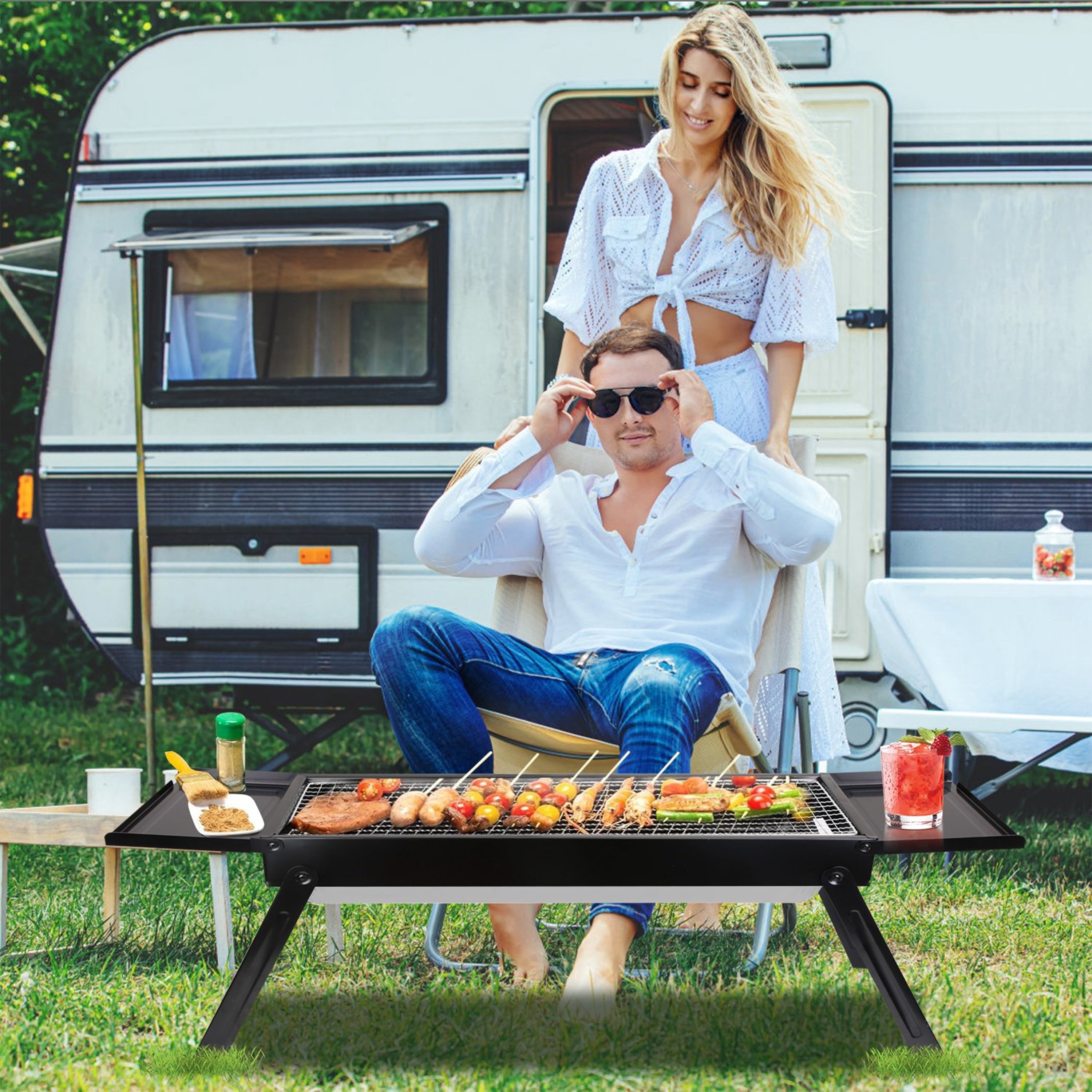 Furnibear Portable Charcoal Grill, Foldable Stainless Steel BBQ Grill with Side Table, Tabletop Grill for Outdoor Camping, Patio and Picnic