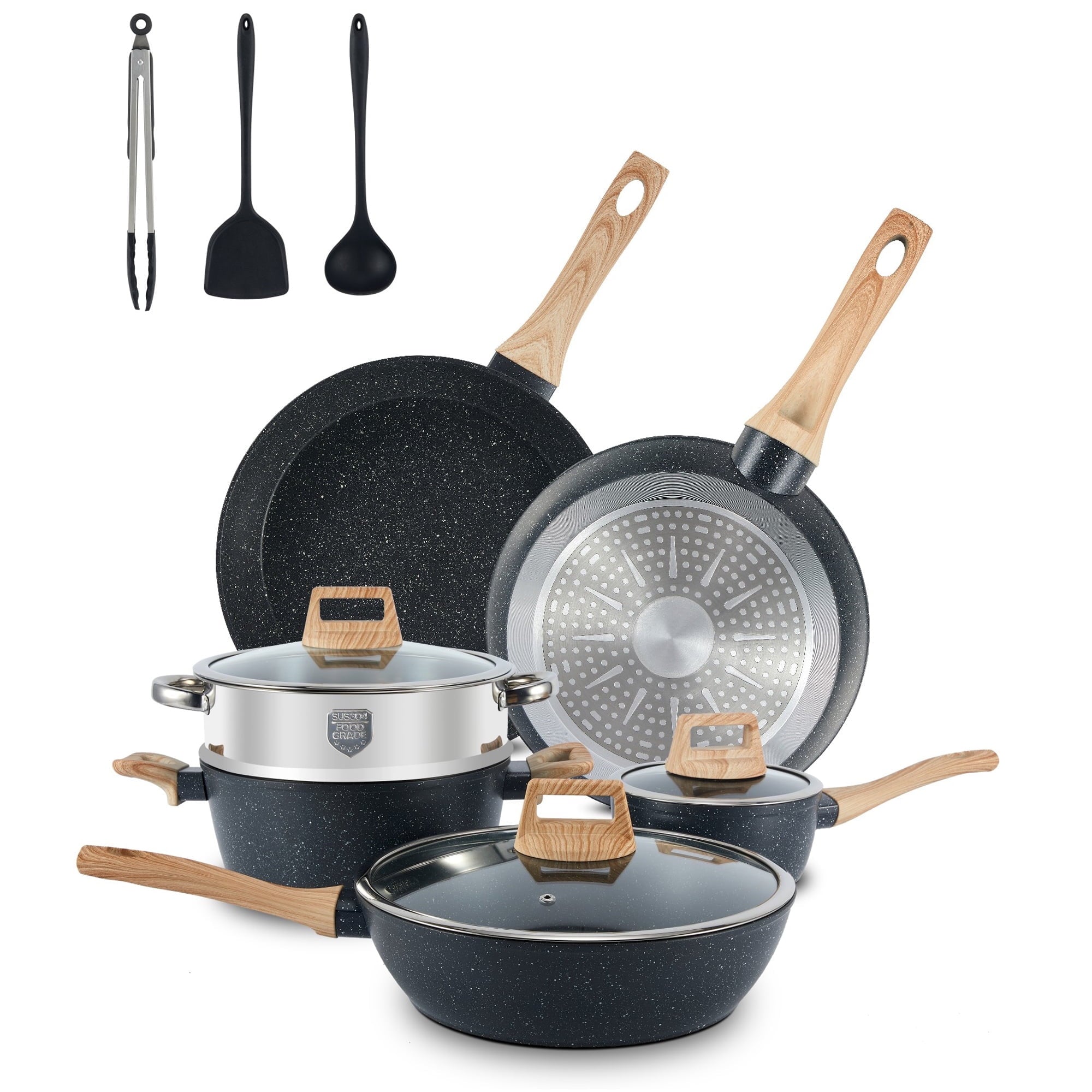 Furnibear?12-Piece Ceramic Nonstick Cookware Set - Granite Coated Frying Pans / Stock Pots, with Silicone Shovel/Spoon/Tongs, Compatible with All Stoves, Easy to Clean