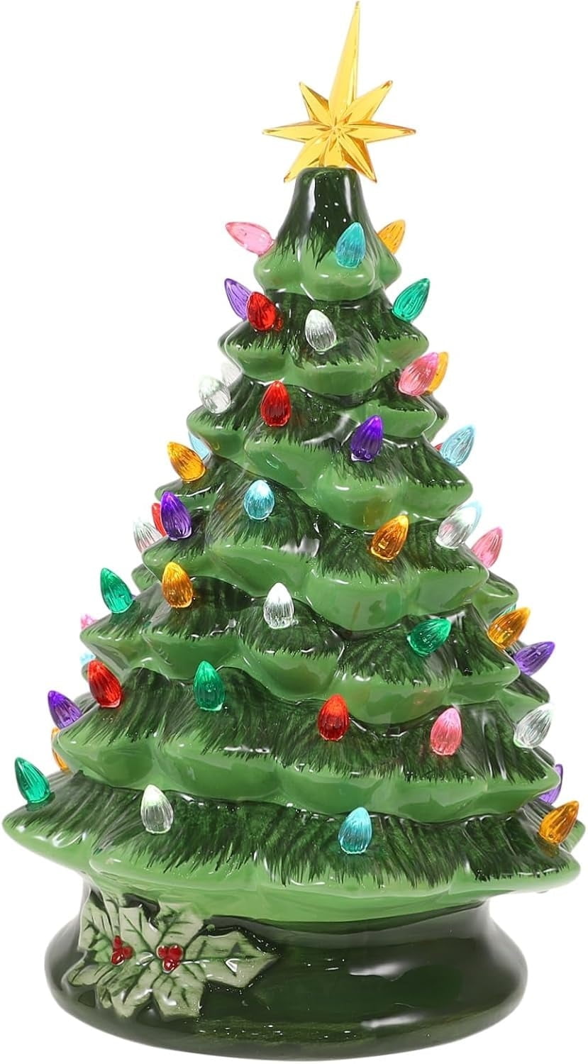 Furnibear 15 Inch Ceramic Christmas Tree, Green Tabletop Decor with LED Lights, Plug-in