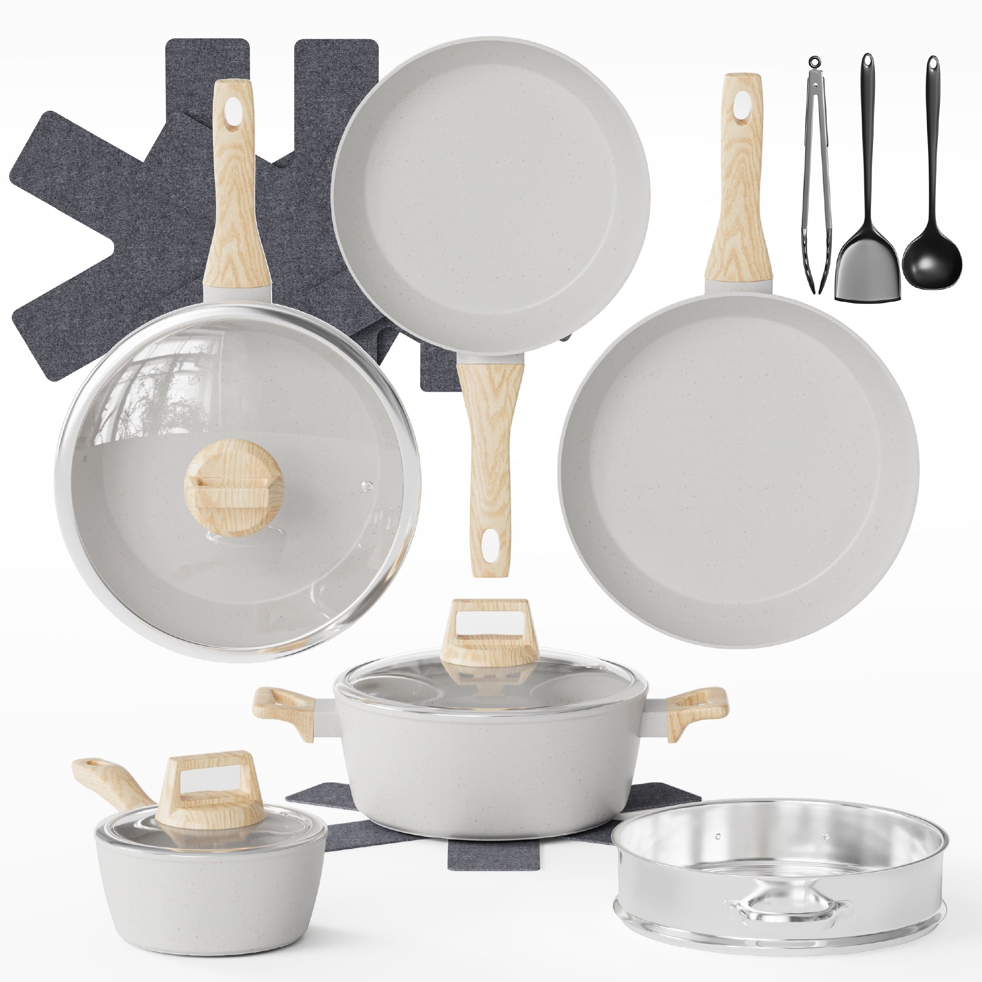 Furnibear 16pcs Nonstick Pots and Pans Set, Ceramic Cookware Set with Pots Protectors and Cooking Utensils, for RV and Camping White