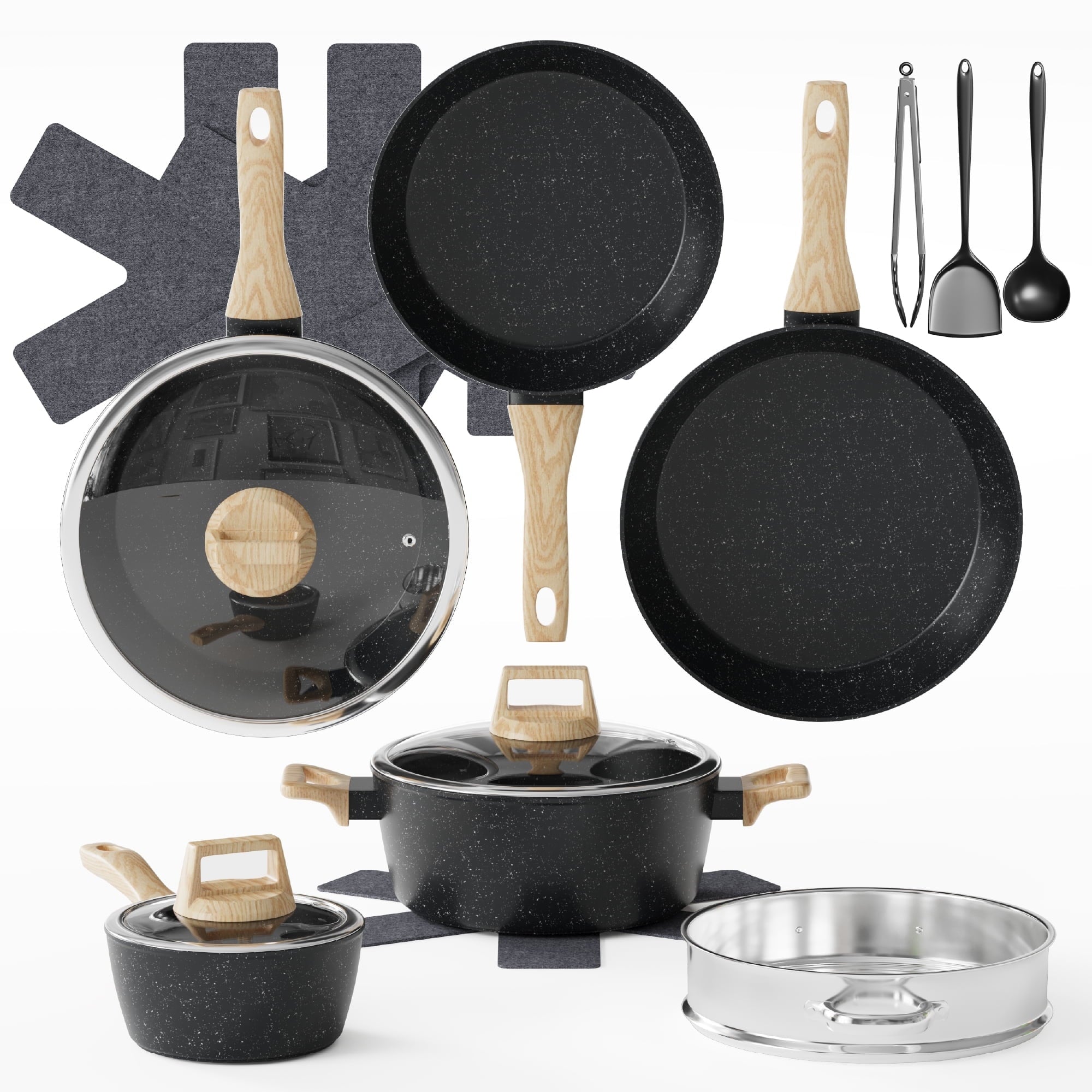 Furnibear 16pcs Nonstick Pots and Pans Set, Ceramic Cookware Set with Pots Protectors and Cooking Utensils, for RV and Camping Balck