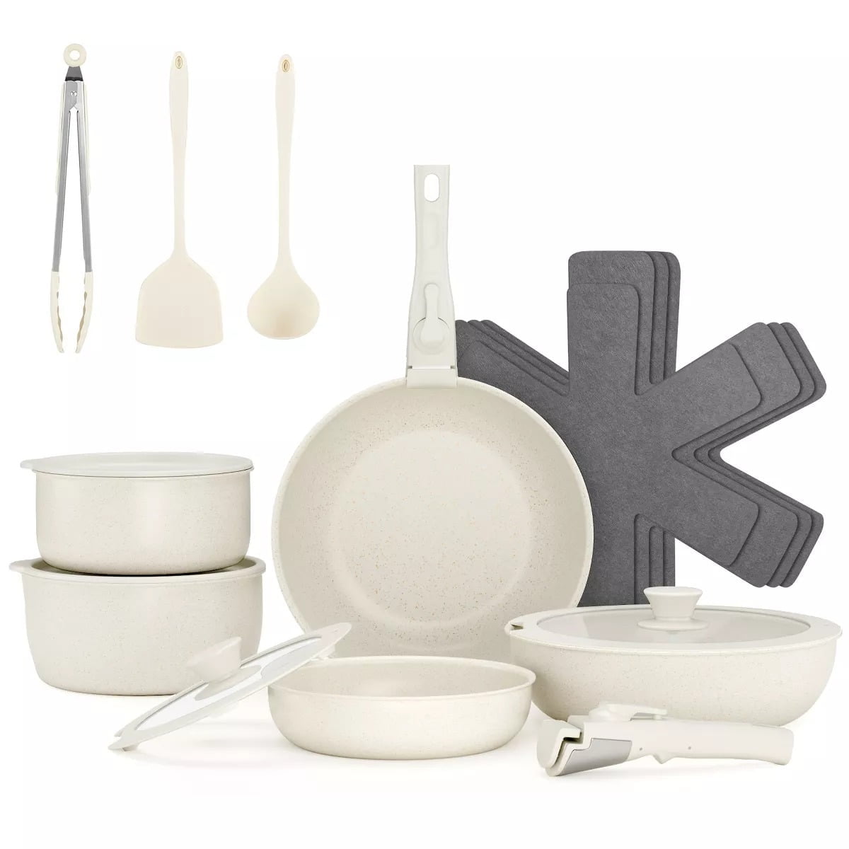 Furnibear 18-Piece Granite Ceramic Nonstick Cookware Set-Detachable Handle for Space-Saving, Compatible with Induction/Gas Stoves, Oven,Dishwasher Safe, White