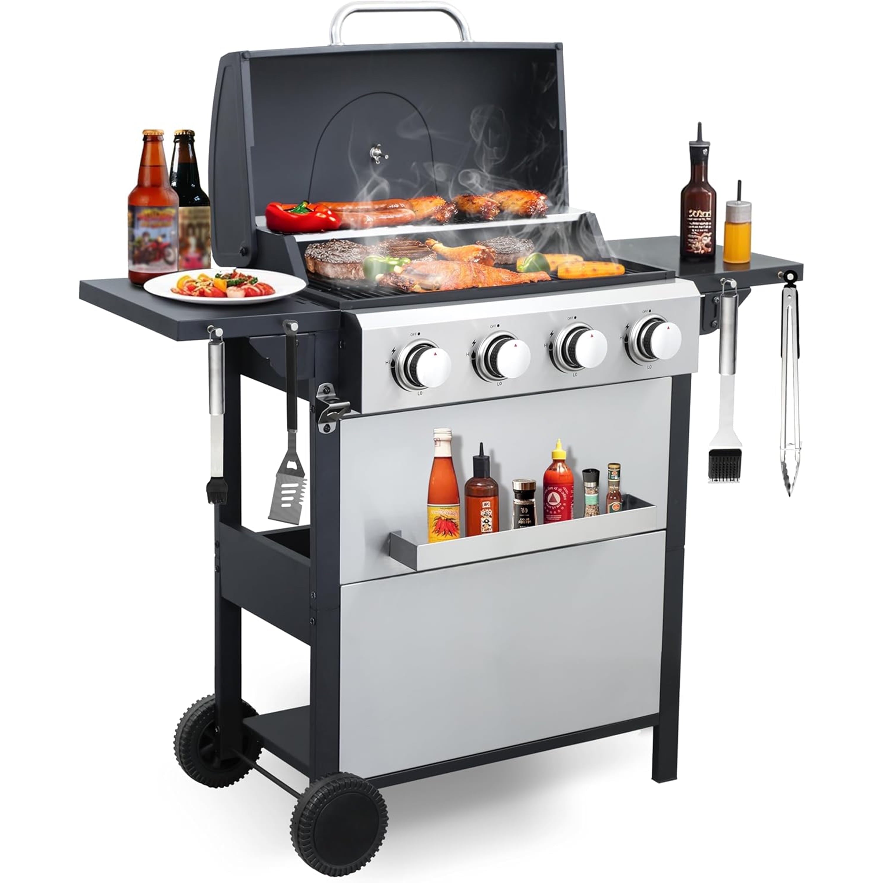 Furnibear 4 Burner BBQ Propane Gas Grill, Stainless Steel 34,200 BTU Patio Garden Barbecue Grill with 2 Foldable Shelves, Spice Rack