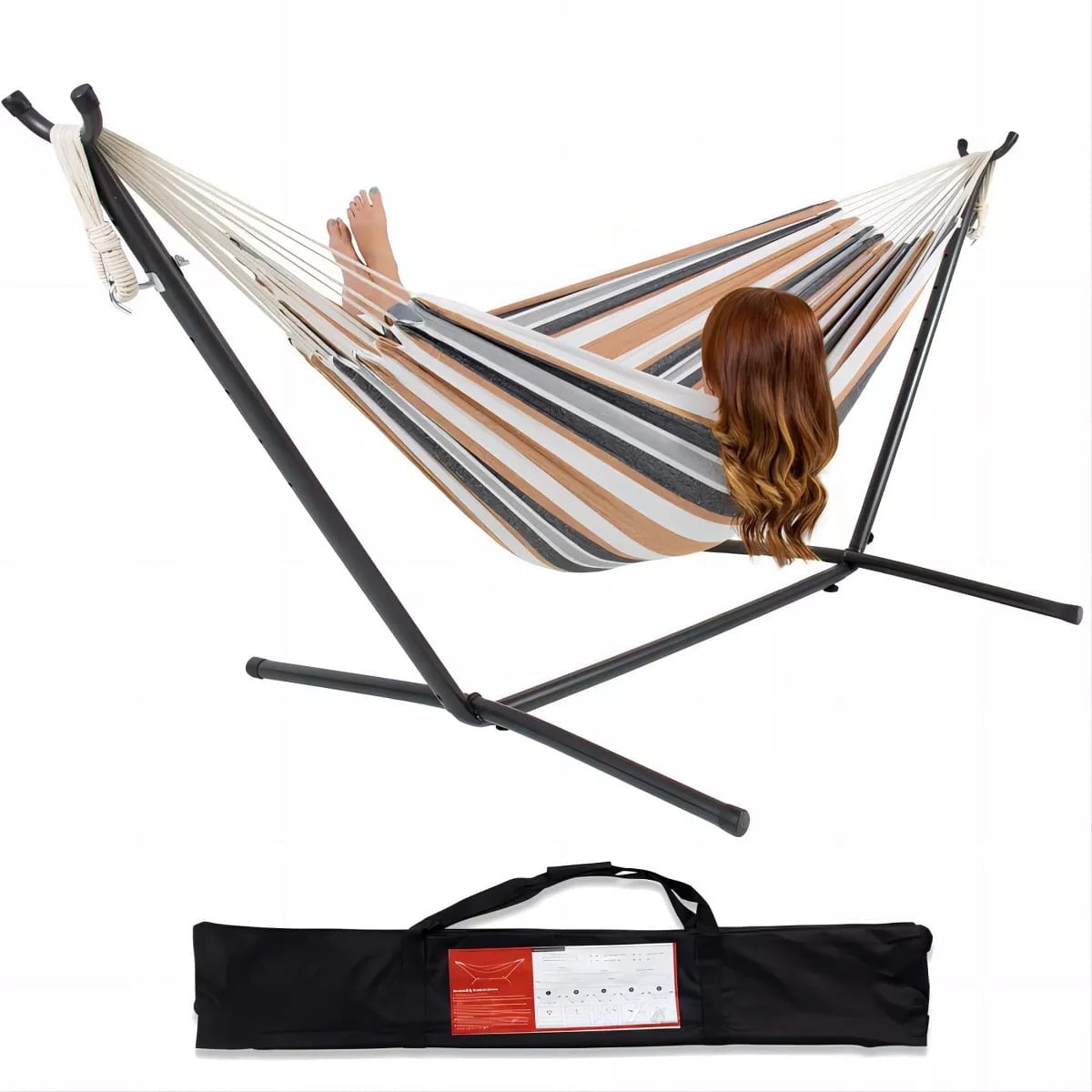 Furnibear 2-Person Hammock Mold Kit with Stand ¨C 450 lb Heavy-Duty Brazilian Cotton, Stripe Pattern, 3-Min Tool-Free Setup, Carry Bag for Patio/Camping