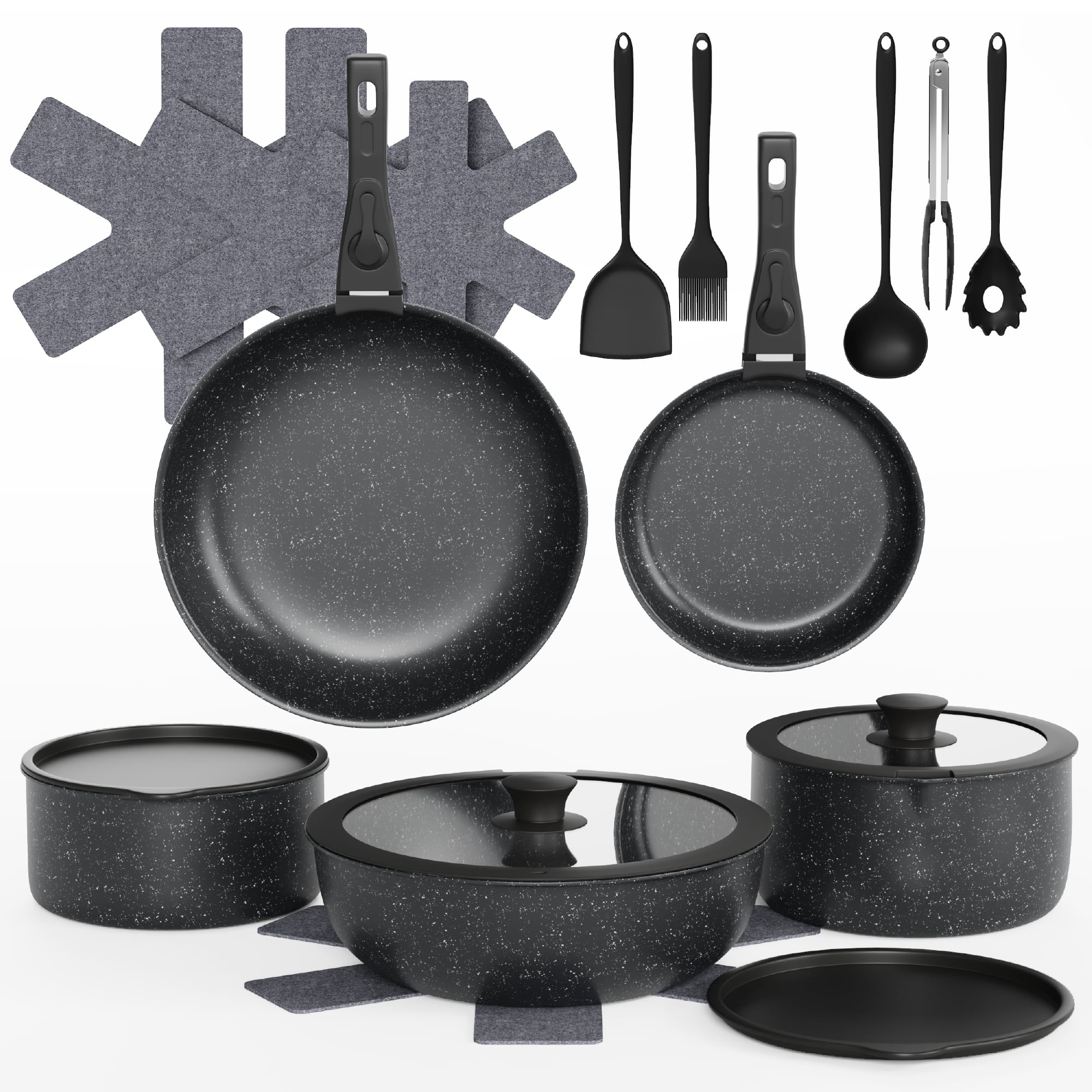 Furnibear 20pcs Pots and Pans Set Nonstick, Kitchen Ceramic Cookware Set for RV and Camping, with Pots Protectors and Cooking Utensils, Black