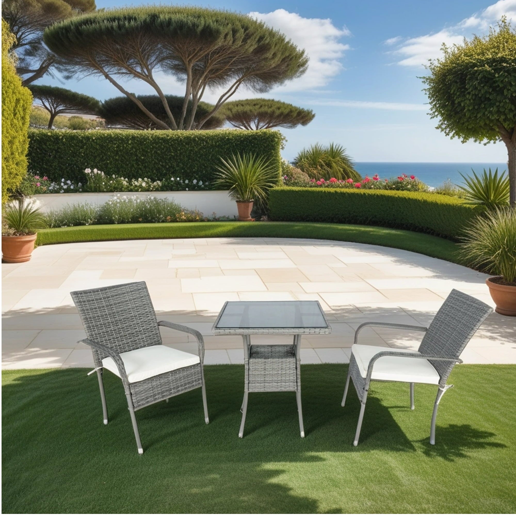 Furnibear 3 Piece Patio Conversation Set, Rattan Wicker Outdoor Conversation Set with Tempered Glass Table and Cushions