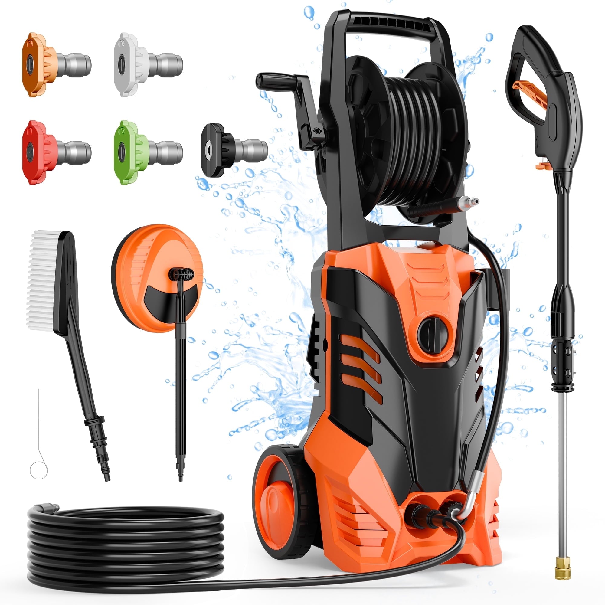 Furnibear 3800 PSI Electric Pressure Washer - Lightweight with Wheels, Easy to Assemble, 2.0GPM, Includes 5 Nozzles for Cars, Fences, Driveways, Orange