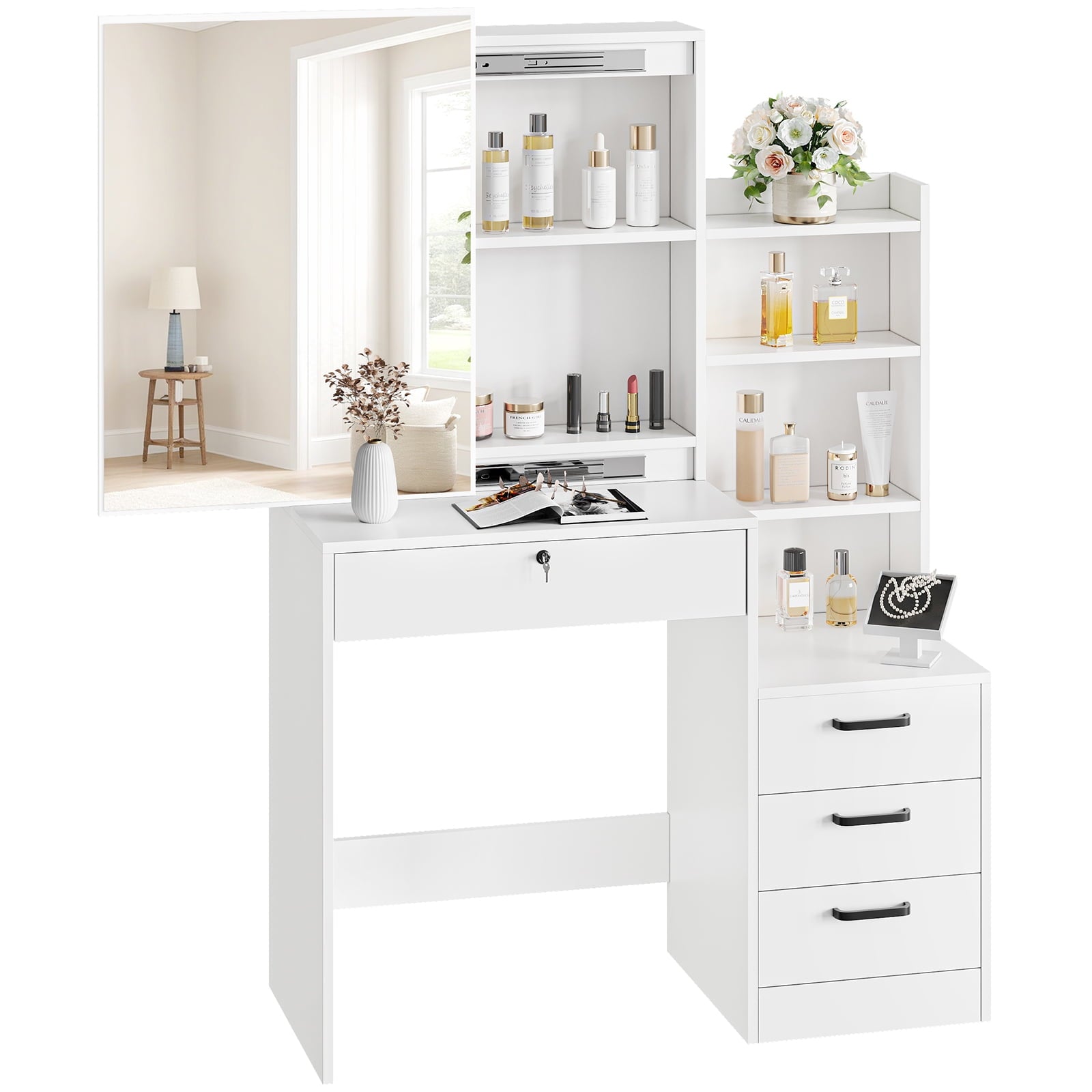 Furnibear 4 Drawer Vanity Table with Sliding Mirror for Bedroom Vanity Desk with 4 Drawers,White