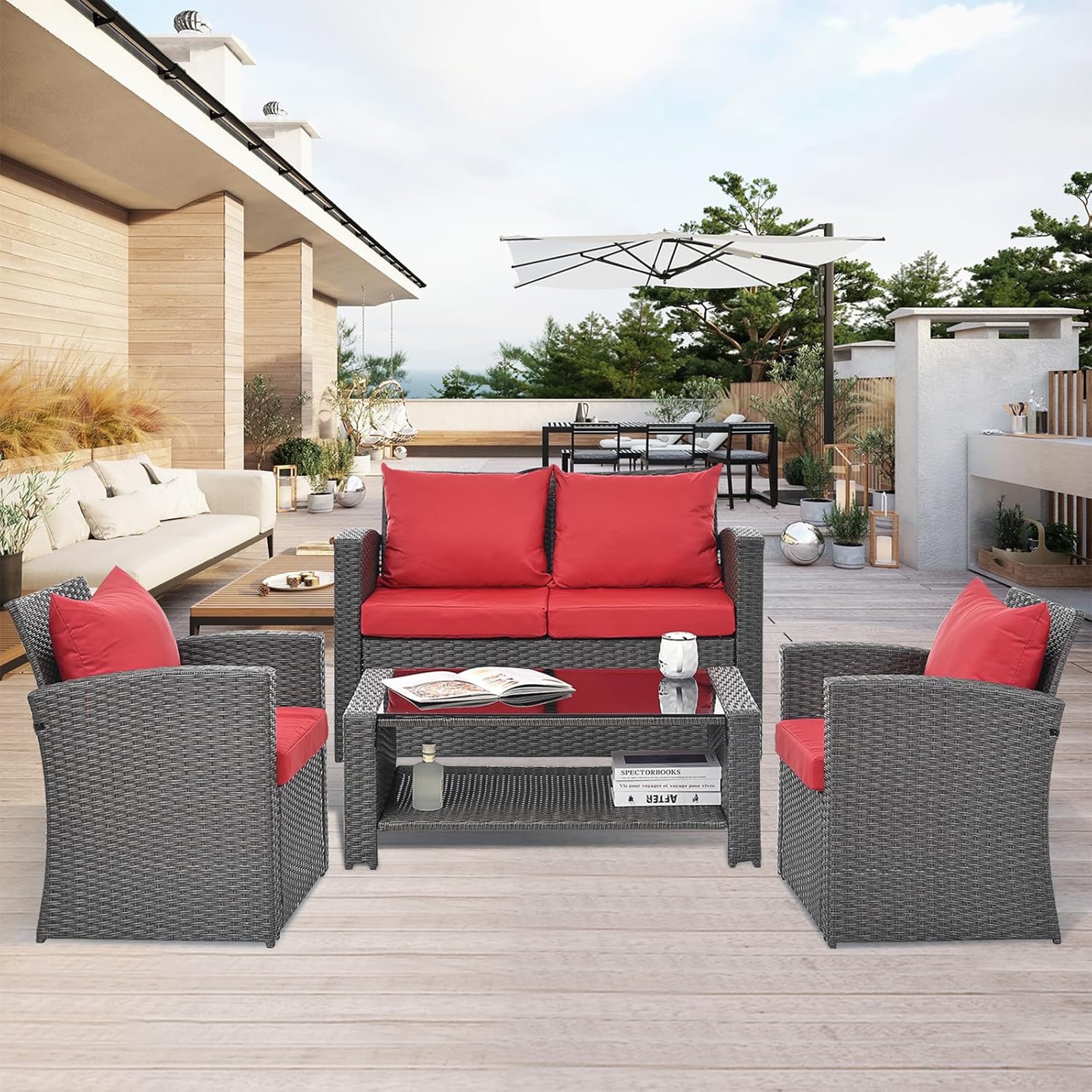 Furnibear 4 Pieces Patio Conversation Set, Outdoor Rattan Sectional Sofa, Cushioned Patio Furniture Set, Wicker Sofa Ideal for Garden, Porch, Backyard