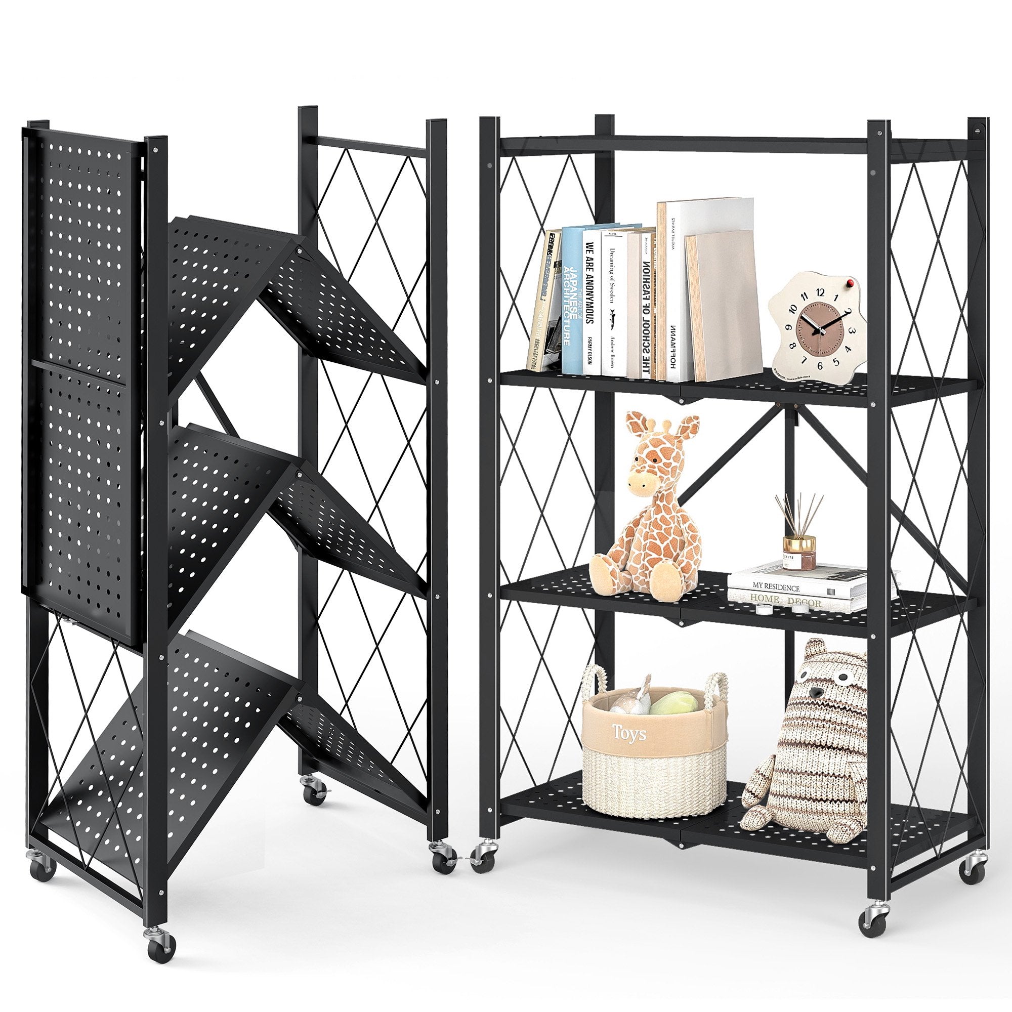 Furnibear 4-Tier Folding Storage Shelves with Wheels, Foldable Metal Rack, Collapsible Shelves for Garage, Kitchen, Basement, Black