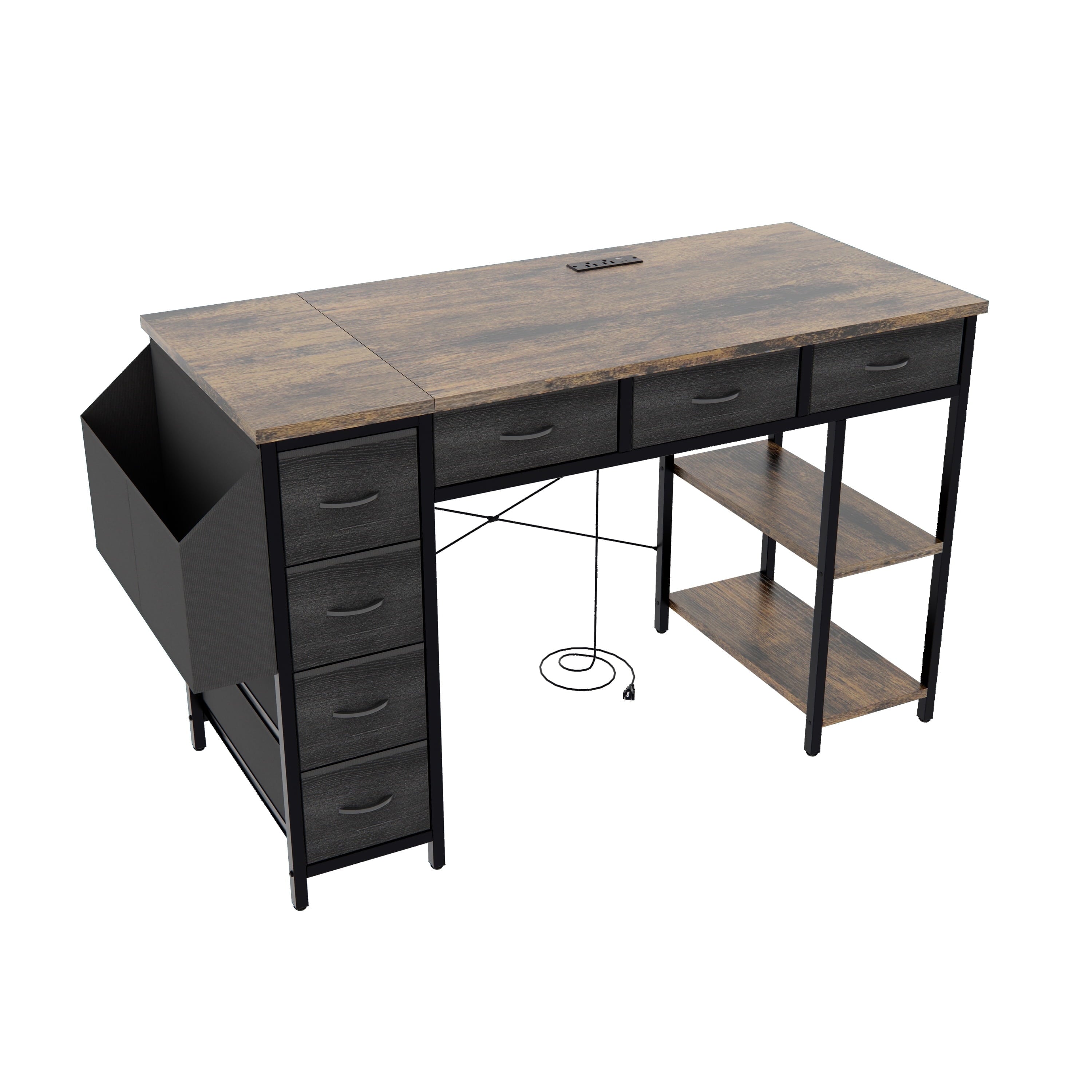 Furnibear Computer Desk with Drawer and Power Outlets, 47in Office Desk with 2 Monitor Stands and Fabric File Cabinet for Home Office, Small Space
