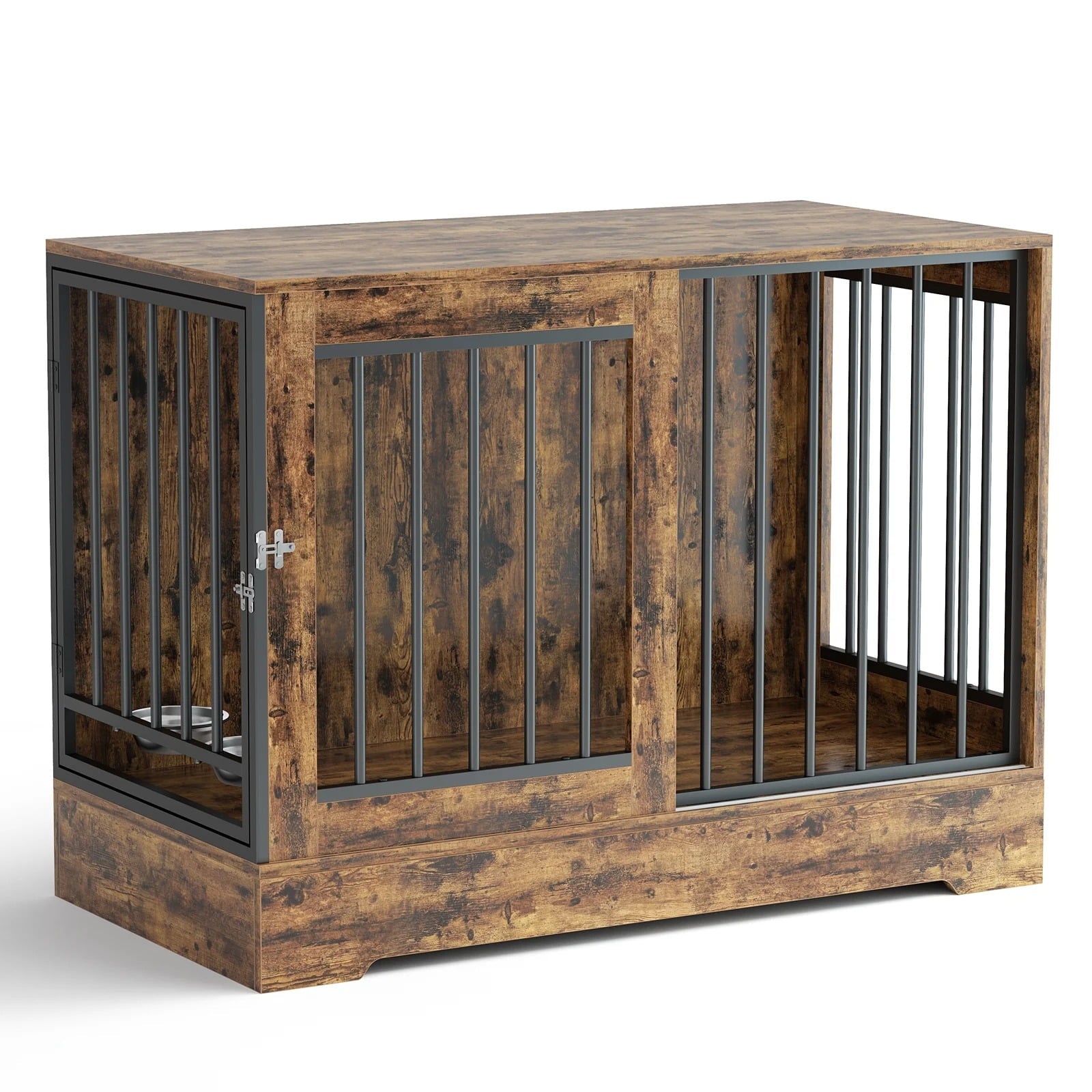 Furnibear 47" Solid Wood Dog Crate Furniture with Double Doors - Heavy Duty Rustic Brown Indoor Kennel w/Removable Dog Bowls, Multi-Functional End Table for Small/Medium/Large Dogs