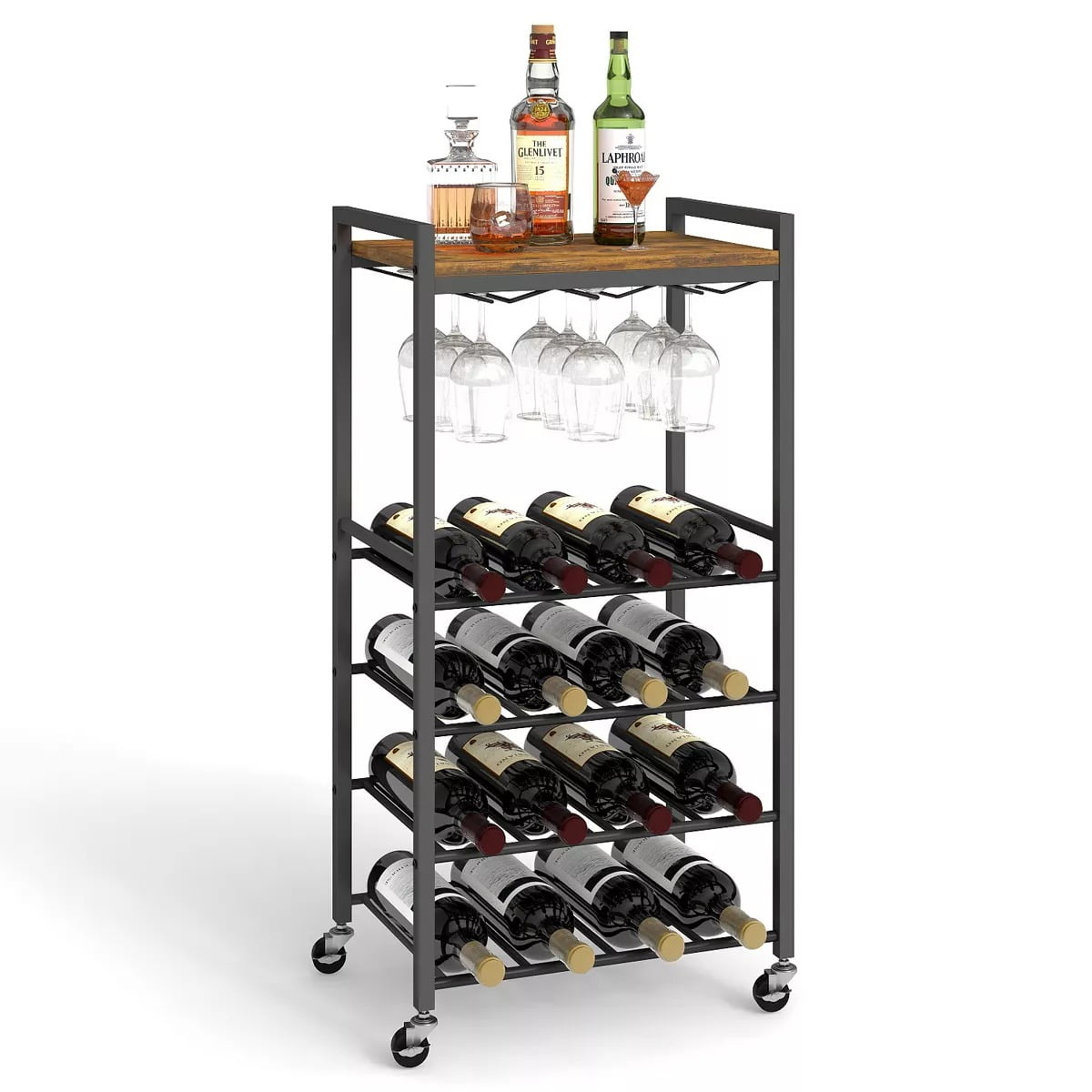 Furnibear 5-Tier Rolling Wine Rack with Glass Holder Tabletop - Holds 16 Bottles, Rustic Brown Iron/Wood Design for Kitchen, Bar or Dining Room