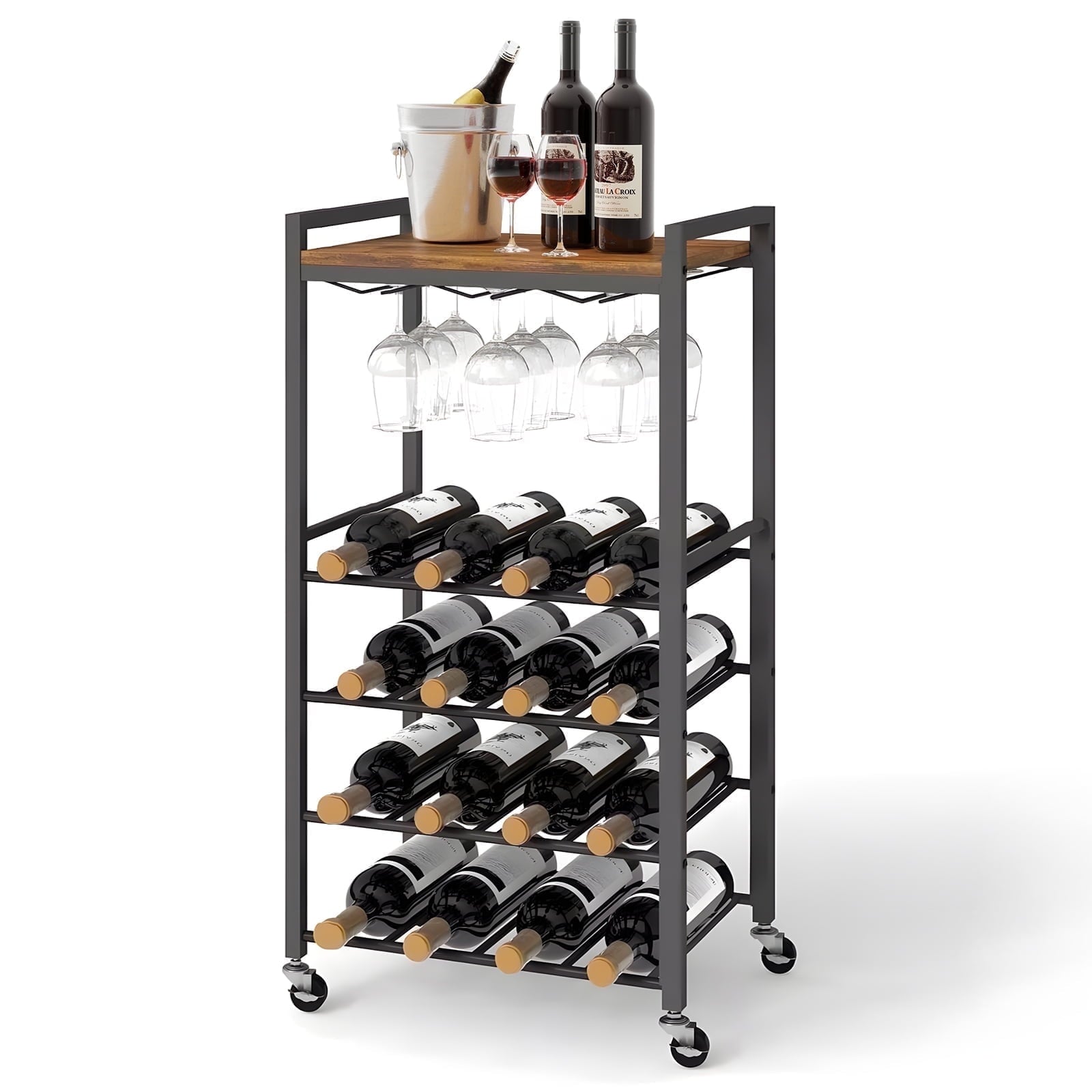 Furnibear 5 Tier Rolling Wine Rack with Tabletop - Holds 16 Bottles, Rustic Brown Iron Wood Design for Kitchen, Bar or Dining Room