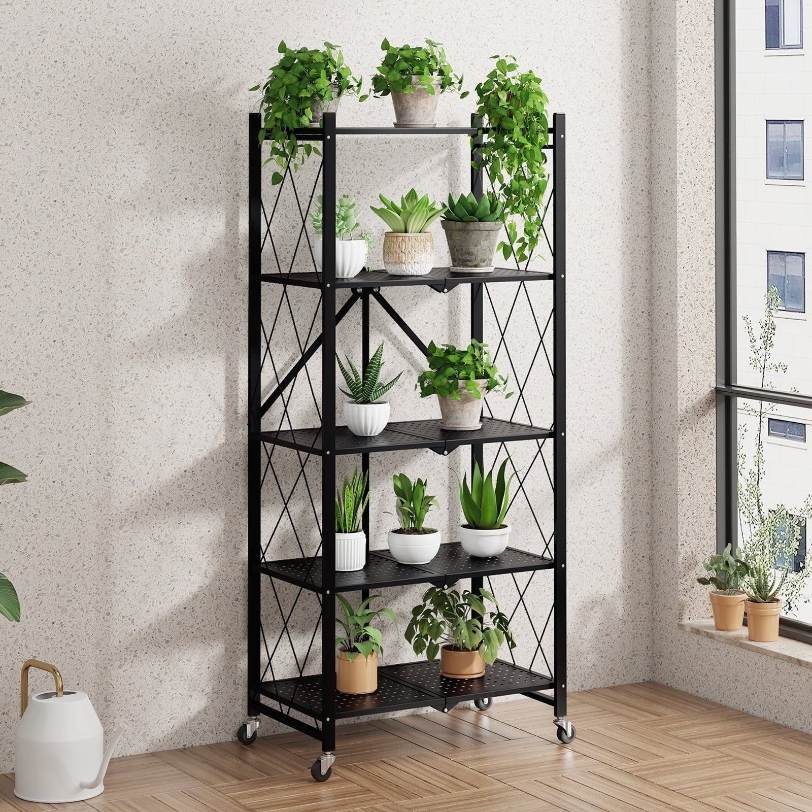 Furnibear Foldable 5 Tier Storage Shelf with Wheels Metal Rack Collapsible Shelving Unit Display, Rolling Cartfor Garage, Pantry, Office ,Black