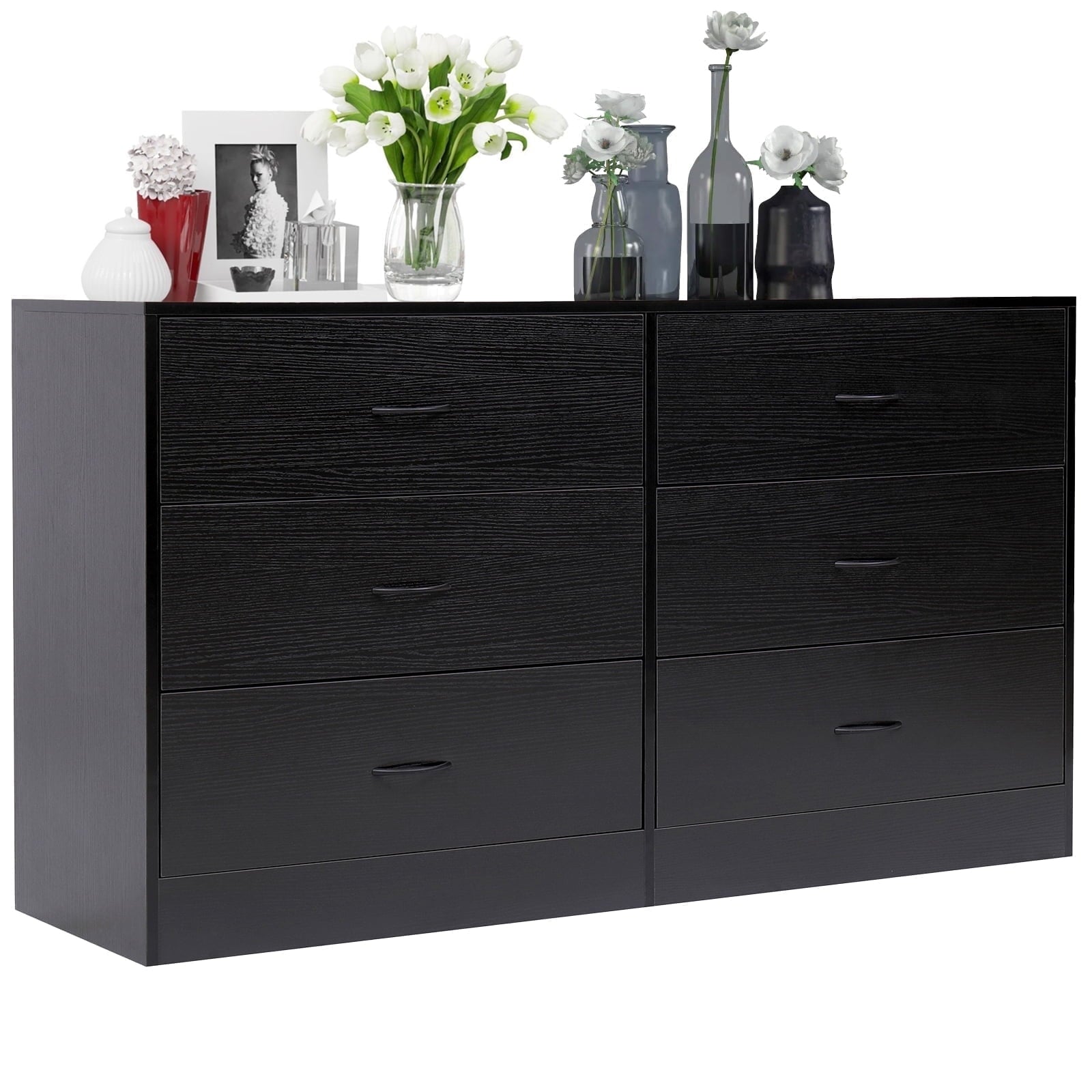 Furnibear 6 Drawer Dresser, Modern Wood Chest of Drawers Organizer Storage for Bedroom, Living Room, Porch, Black