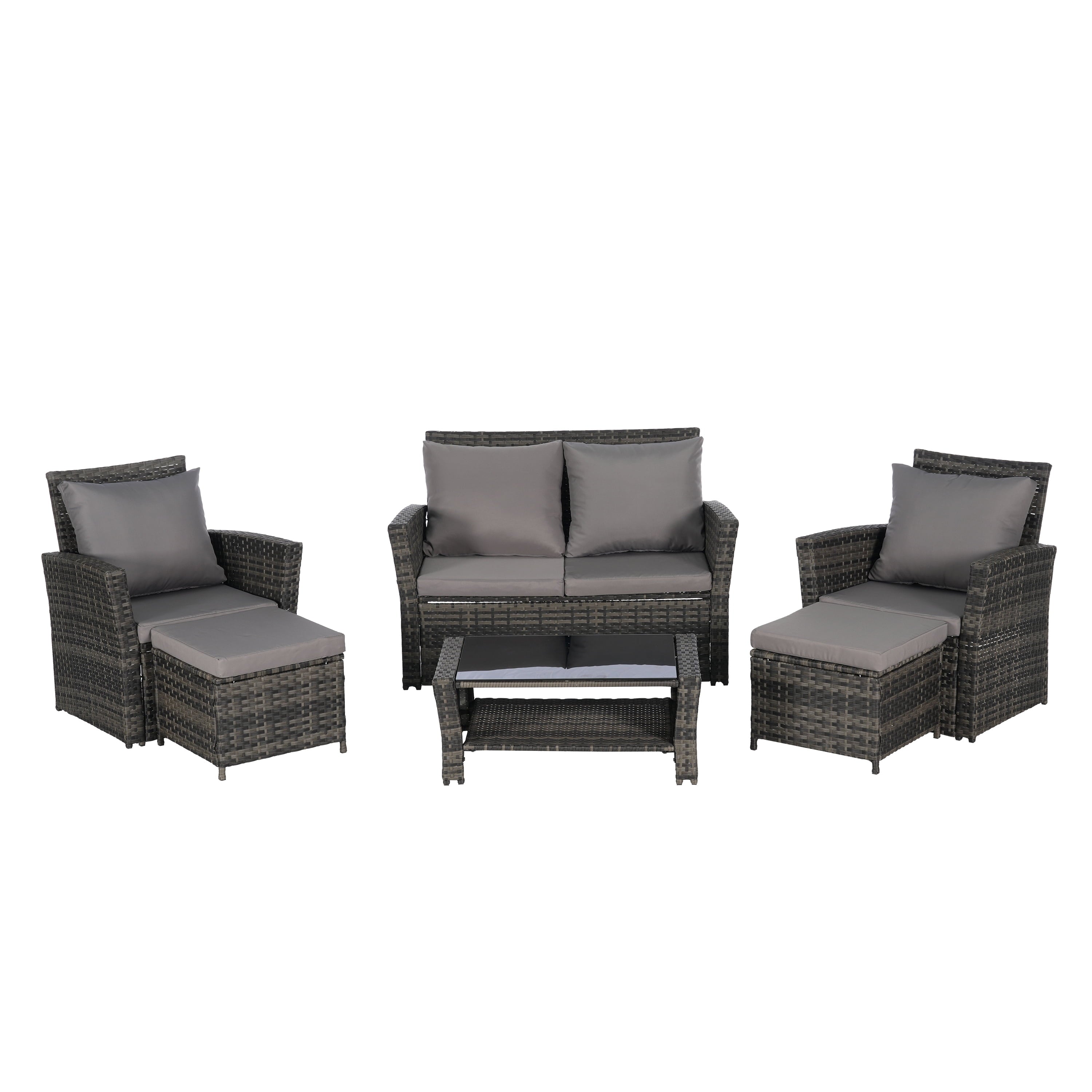 Furnibear 6 Piece Patio Furniture Sets, Rattan Wicker Outdoor Conversation Set with Ottoman and Tempered Glass Coffee Table