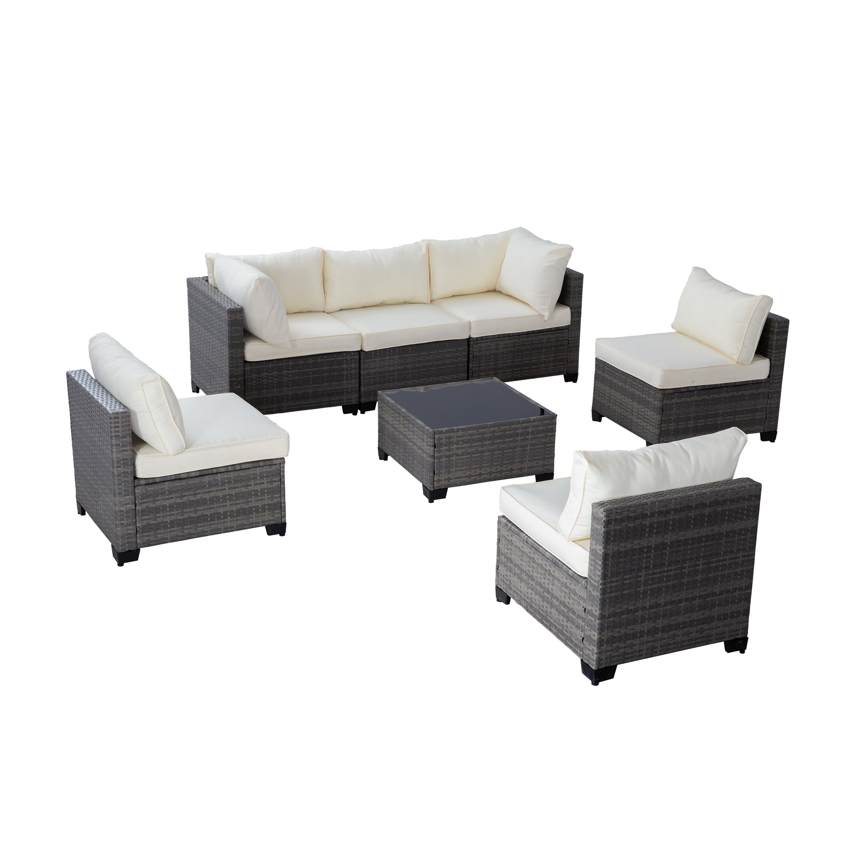Furnibear 6 Piece Patio Furniture Sets, Rattan Wicker Outdoor Conversation Set with Ottoman and Tempered Glass Coffee Table