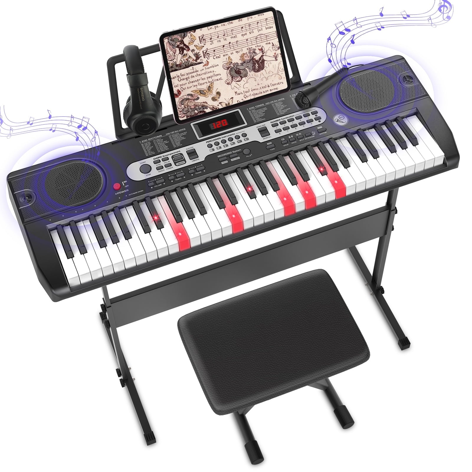 Furnibear 61 Key Piano Keyboard with Lighted Keys Stand Bench Microphone Headphone and Built-in Speakers for Beginners, Black