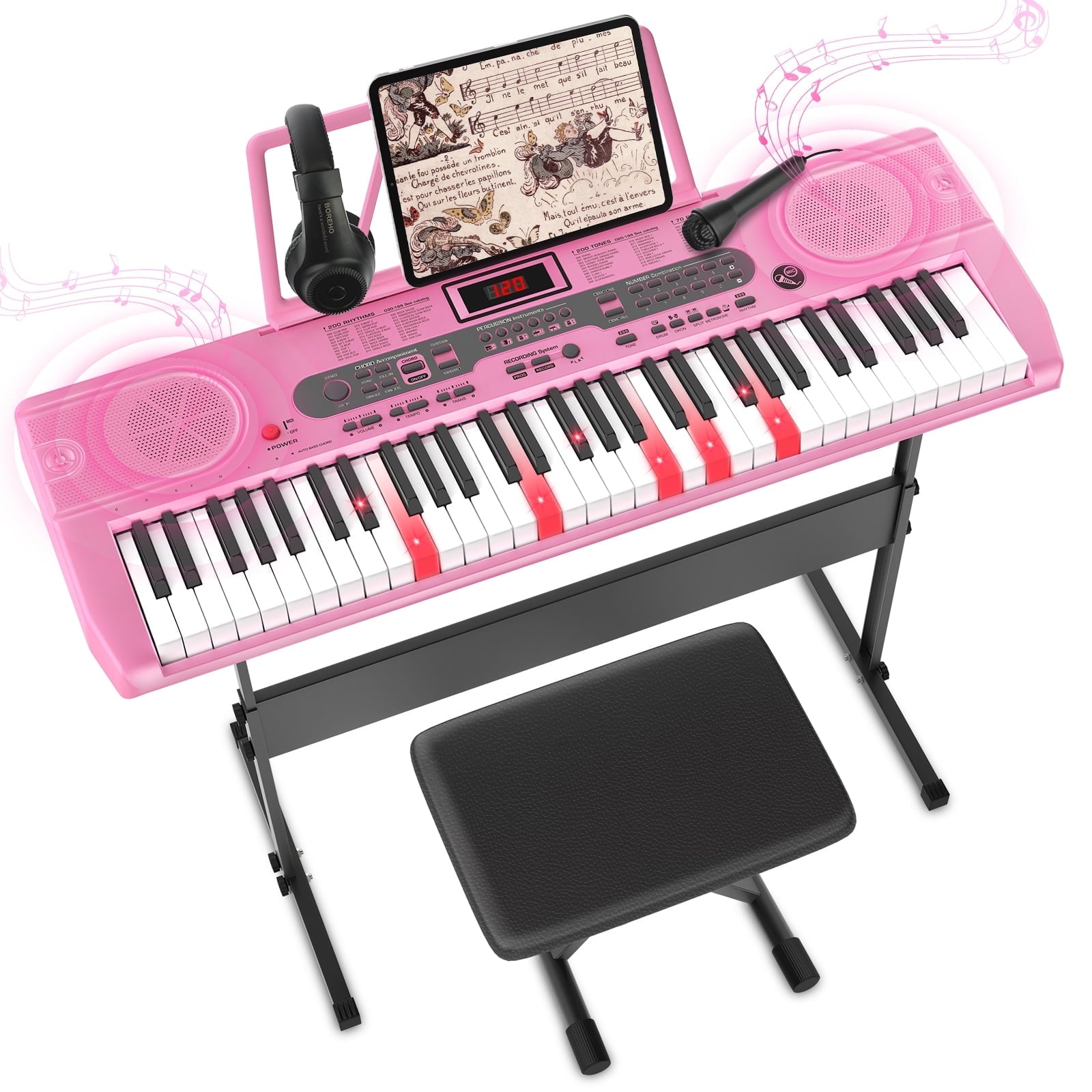 Furnibear 61 Key Piano Keyboard with Lighted Keys Stand Bench Microphone Headphone and Built-in Speakers for Beginners, Pink