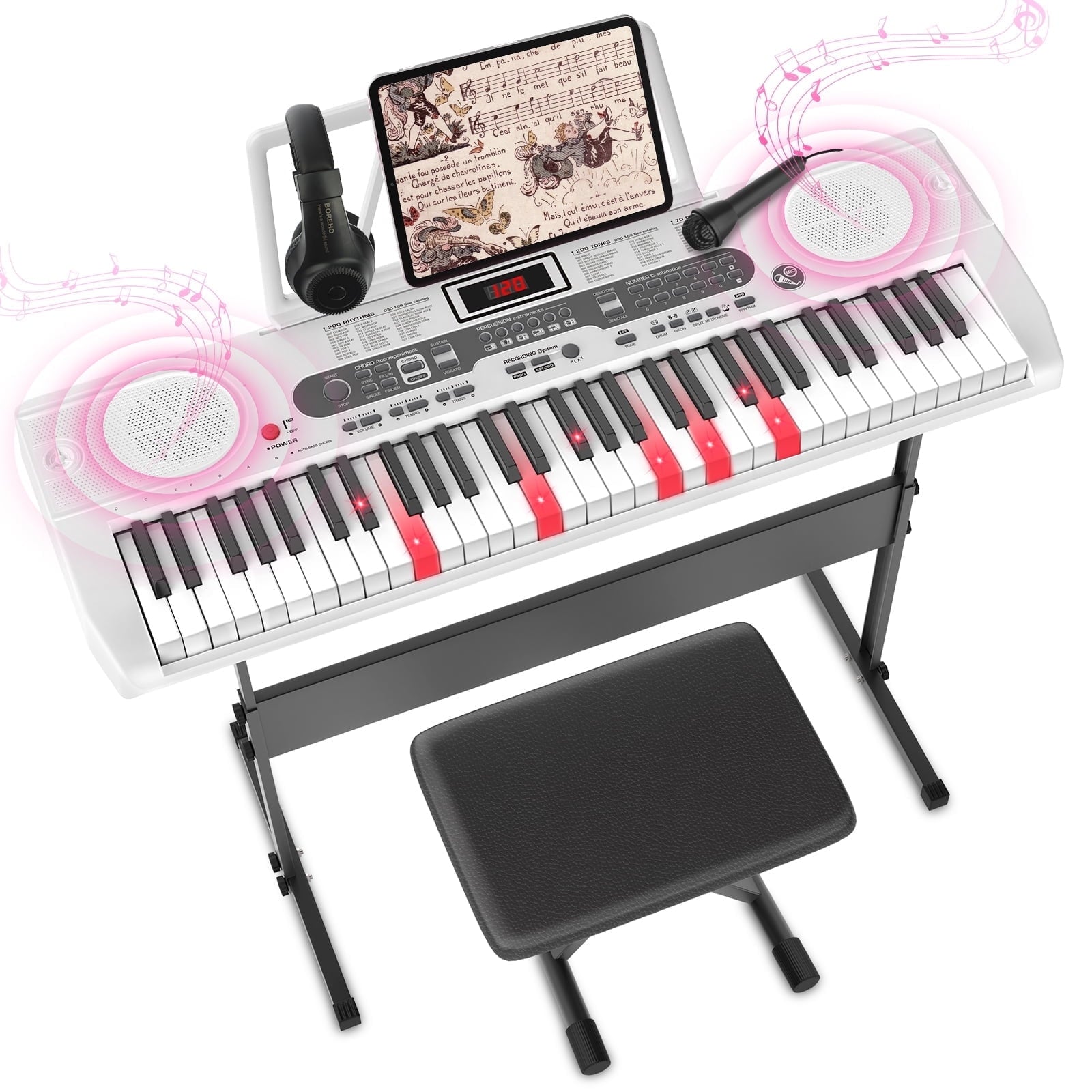 Furnibear 61 Key Piano Keyboard with Lighted Keys Stand Bench Microphone Headphone and Built-in Speakers for Beginners, White