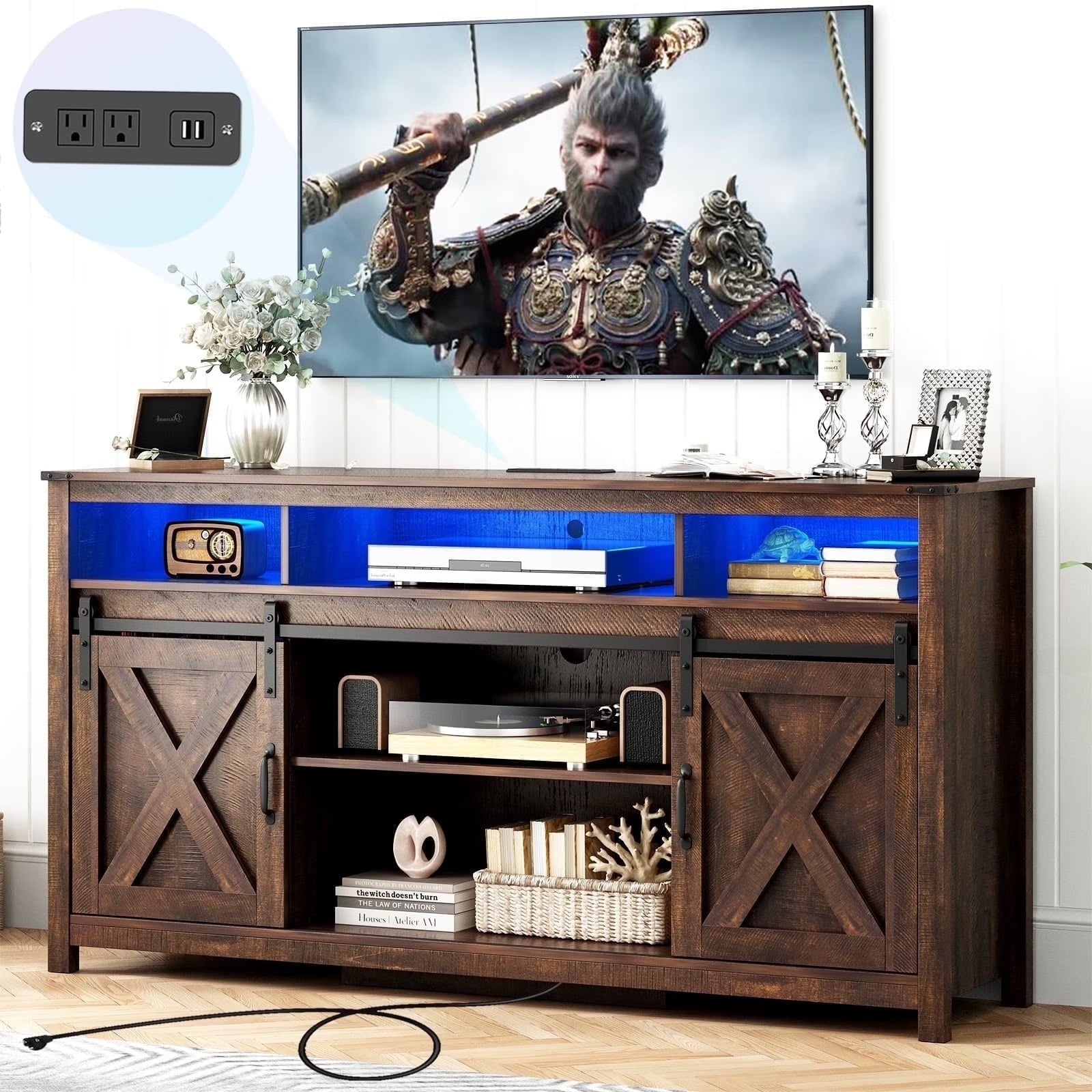 Furnibear 62 inch Wood TV Stand with Drawers, Entertainment Center for Living Room Bedroom,Gray