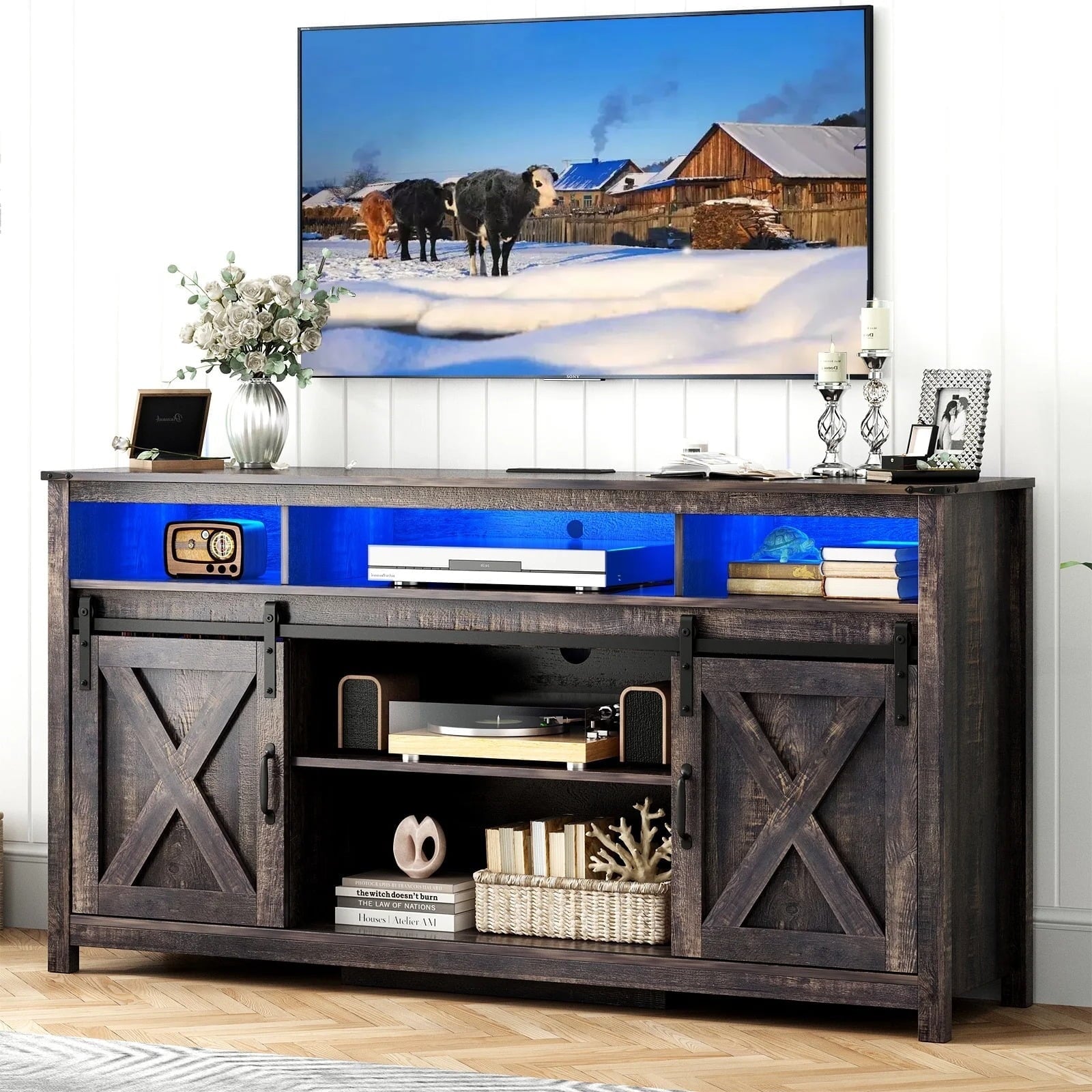 Furnibear 60 inch Wood TV Stand with Drawers, Entertainment Center for Living Room Bedroom,Gray