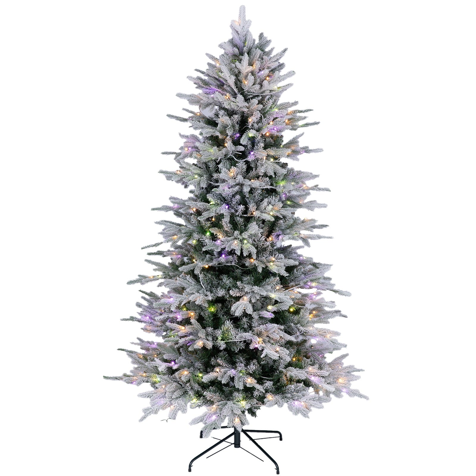 Furnibear 6ft Flocked Artificial Christmas Tree, Pre-Lit Christmas Trees with 300 LED Lights, White Multicolor, Easy Setup, Ideal for Holiday Decor
