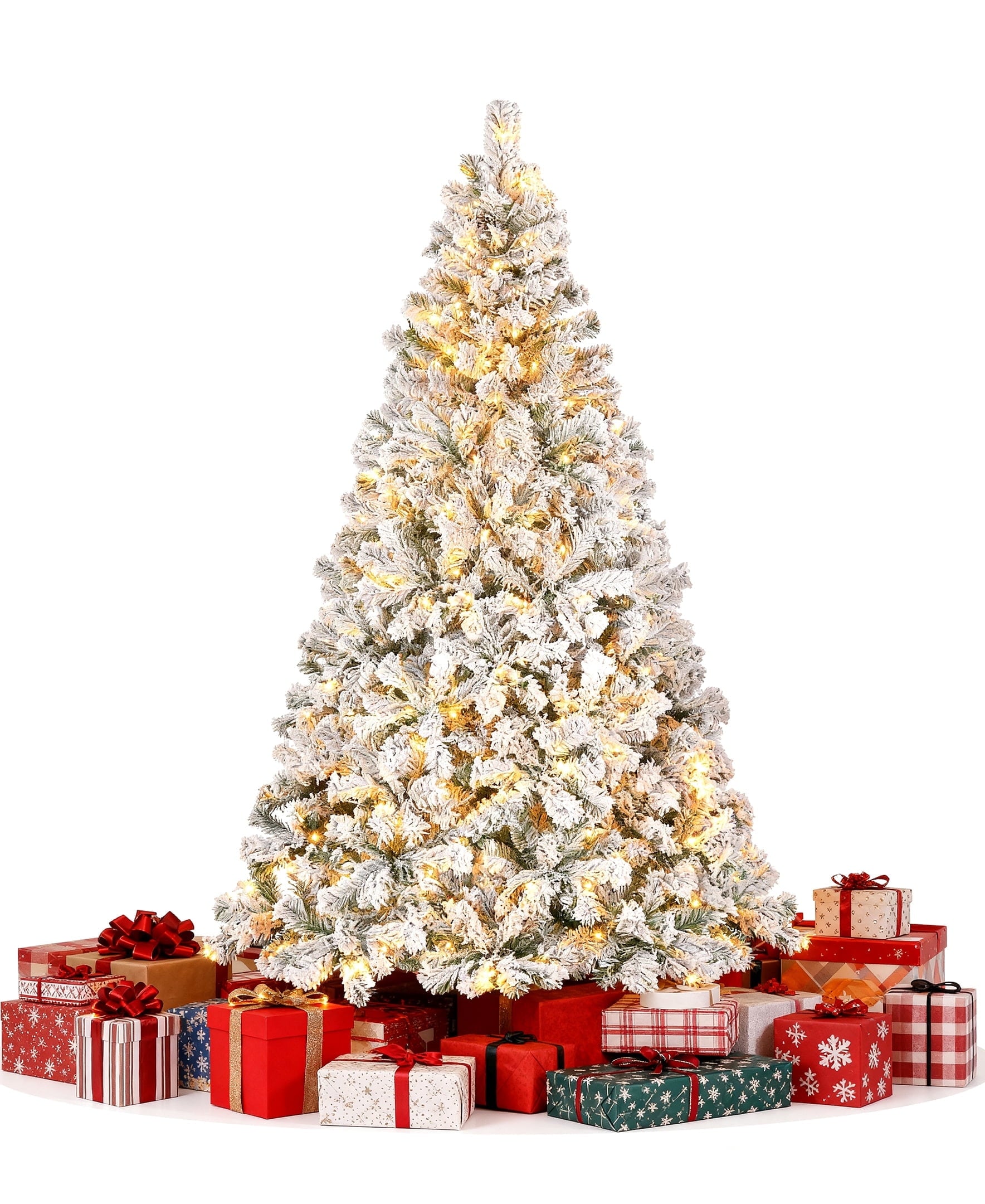 Furnibear 6ft Pre-Lit Flocked Christmas Tree, 1000 Tips with 250 Warm White Lights & Automatic Fluffing