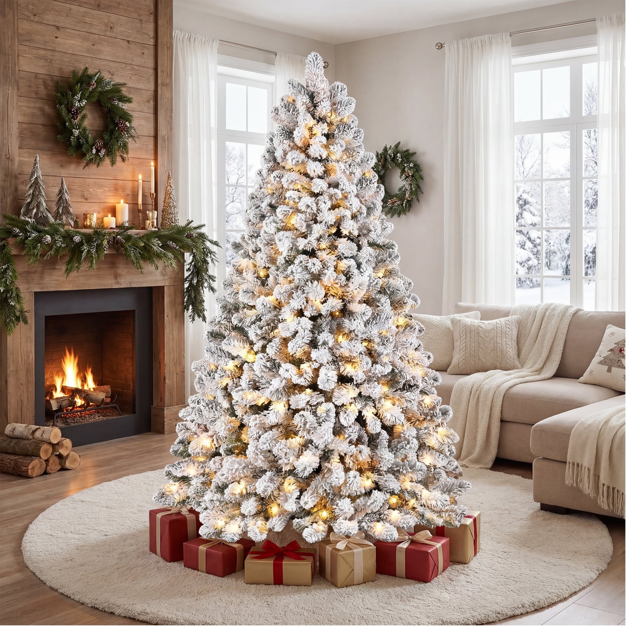 Furnibear 6ft Pre-Lit Flocked Christmas Tree, 1000 Tips with 250 Warm