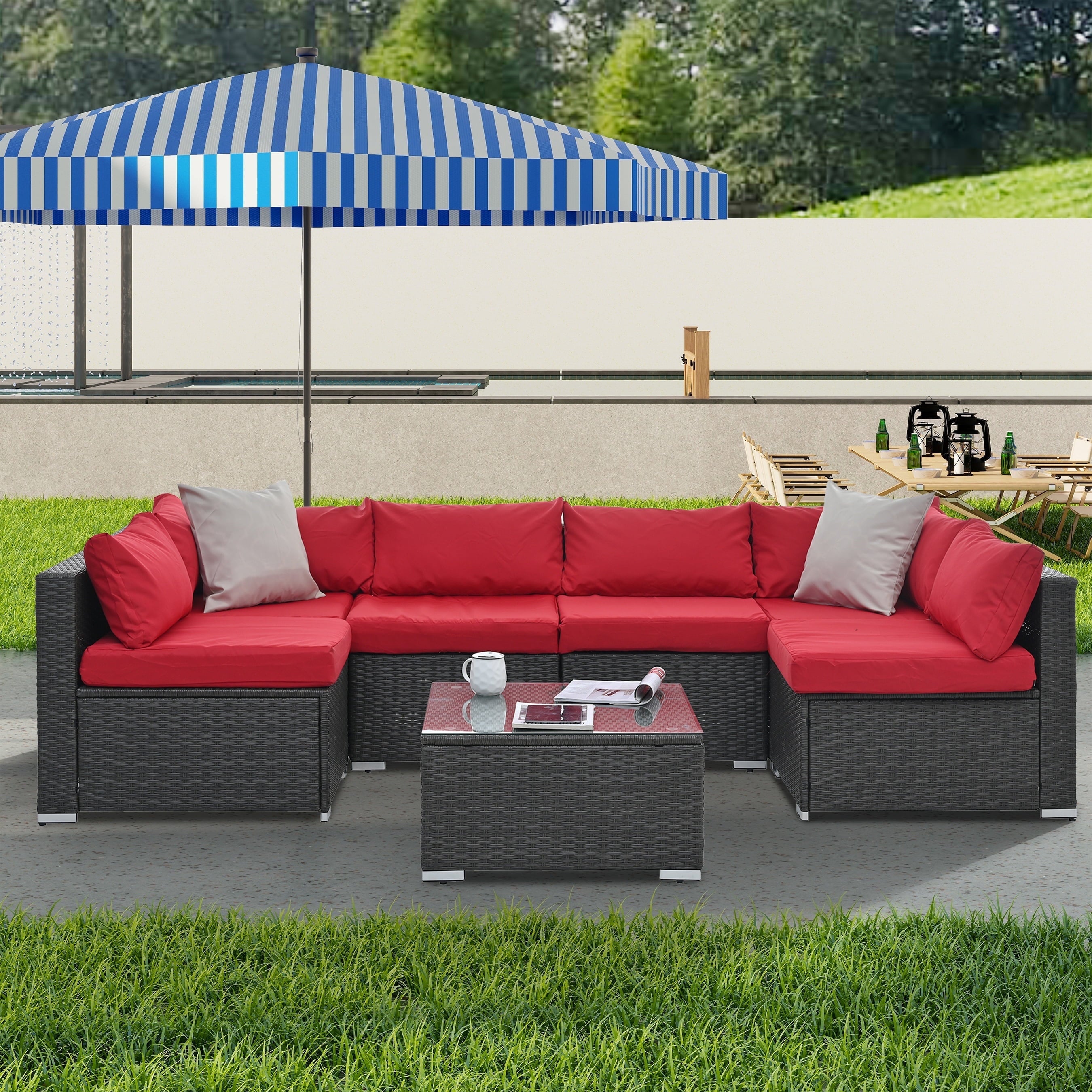 Furnibear 7 Pieces Outdoor Patio Sectional Sofa Couch, Black Wicker Patio Furniture Conversation Sets with Washable Cushions and Glass Coffee Table for Garden, Poolside, Backyard