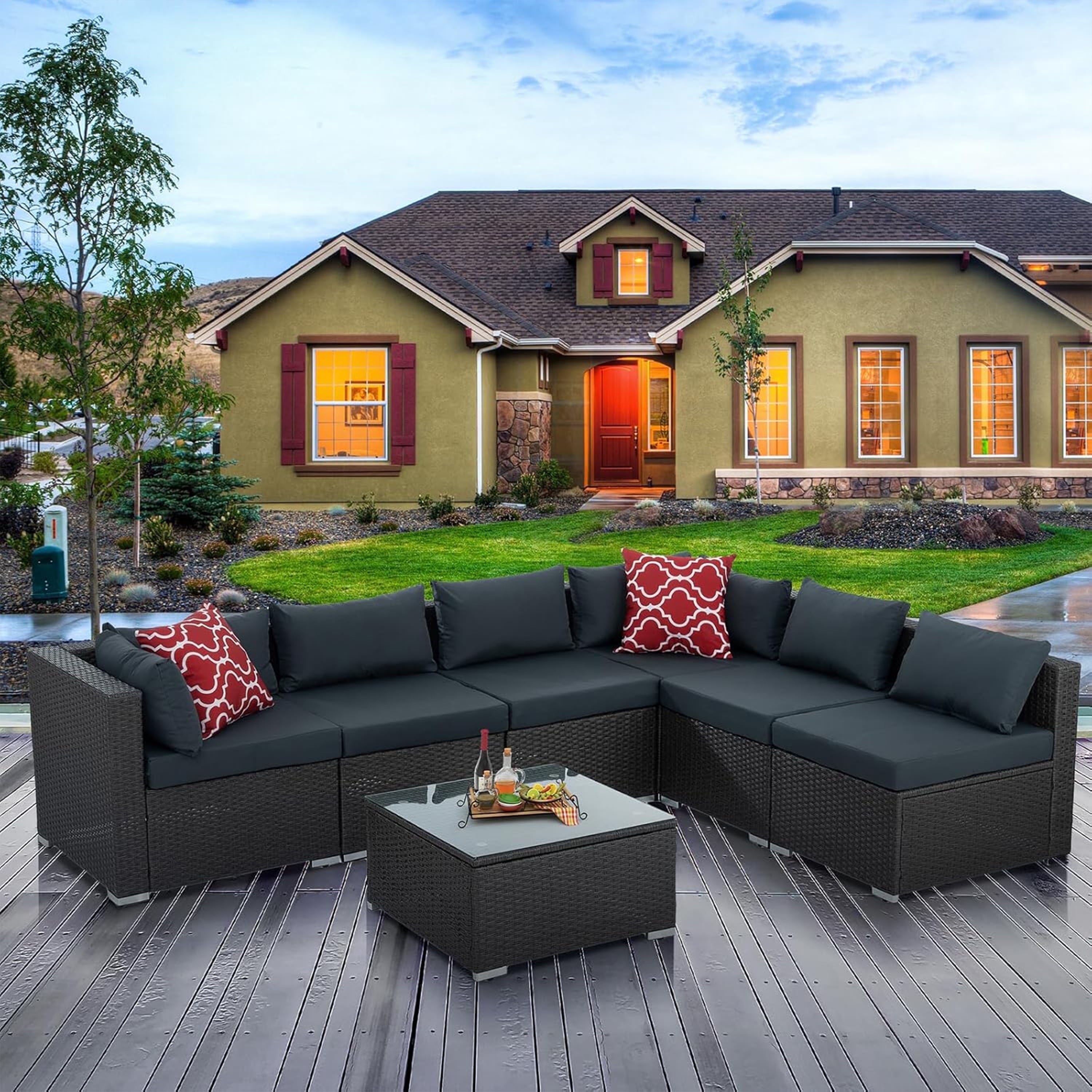 Furnibear 7 Pieces Outdoor Patio Sectional Sofa Couch, Black Wicker Patio Furniture Conversation Sets with Washable Cushions and Glass Coffee Table for Garden, Poolside, Backyard