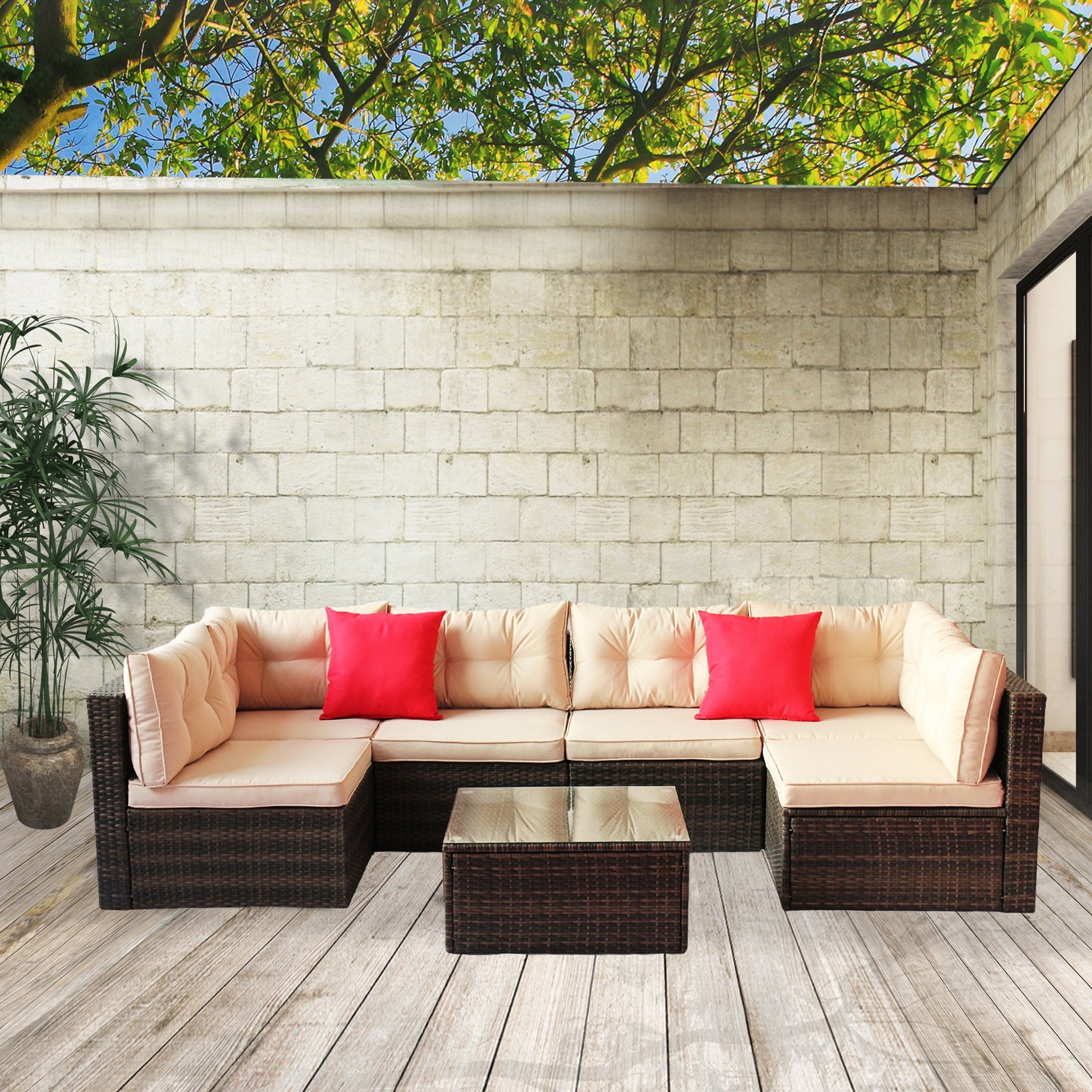 Furnibear 7 Pieces Outdoor Patio Sectional Sofa Couch, Brown Wicker Patio Furniture Conversation Sets with Washable Cushions and Glass Coffee Table for Garden, Poolside, Backyard