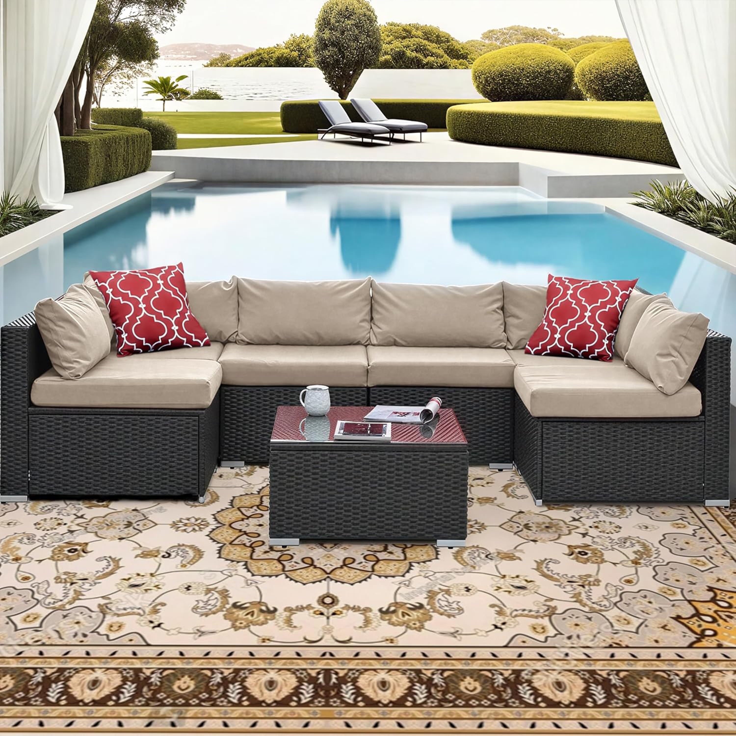 Furnibear 7 Pieces Outdoor Patio Sectional Sofa Couch, Black Wicker Patio Furniture Conversation Sets with Washable Cushions and Glass Coffee Table for Garden, Poolside, Backyard