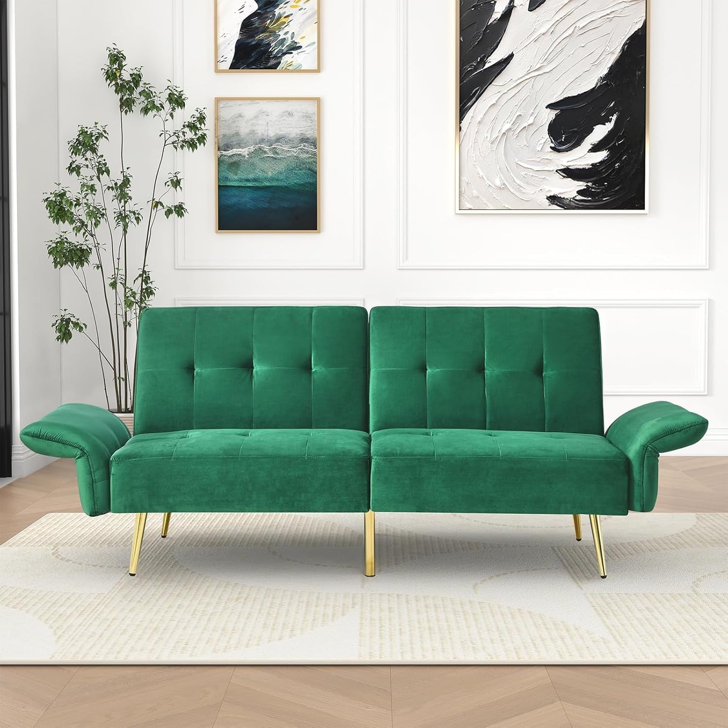 Furnibear 78in Futon Sofa Bed, Velvet Fabric Comfy Futon Couch Bed, Convertible Sleeper Sofa with Adjustable Backrestand Armrests, Modern Loveseat Sleeper for Living Room, Bedroom