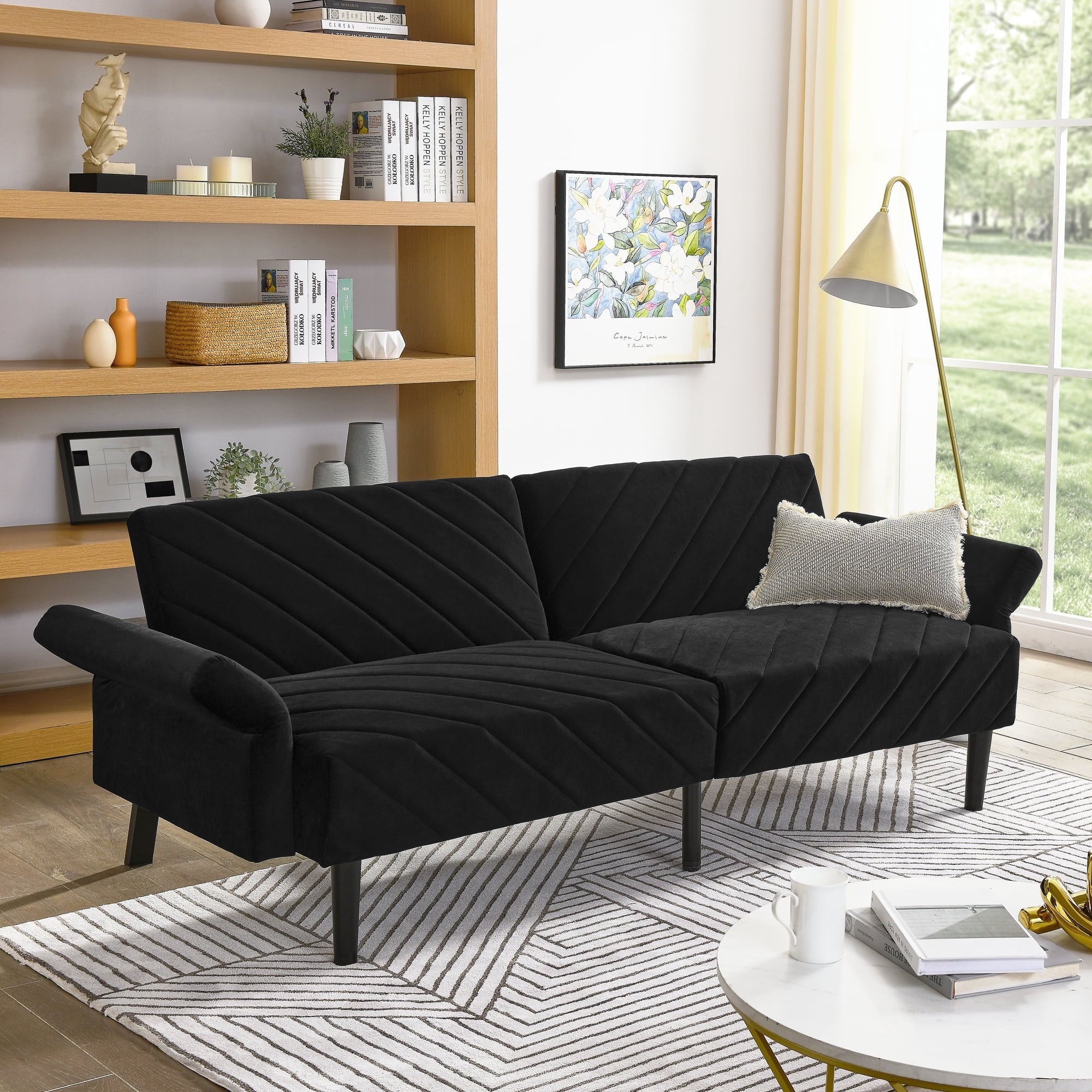 Furnibear 87in Futon Sofa Bed, Velvet Fabric Comfy Futon Couch Bed, Convertible Sleeper Sofa with Adjustable Backrestand Armrests, Modern Loveseat Sleeper for Living Room, Bedroom