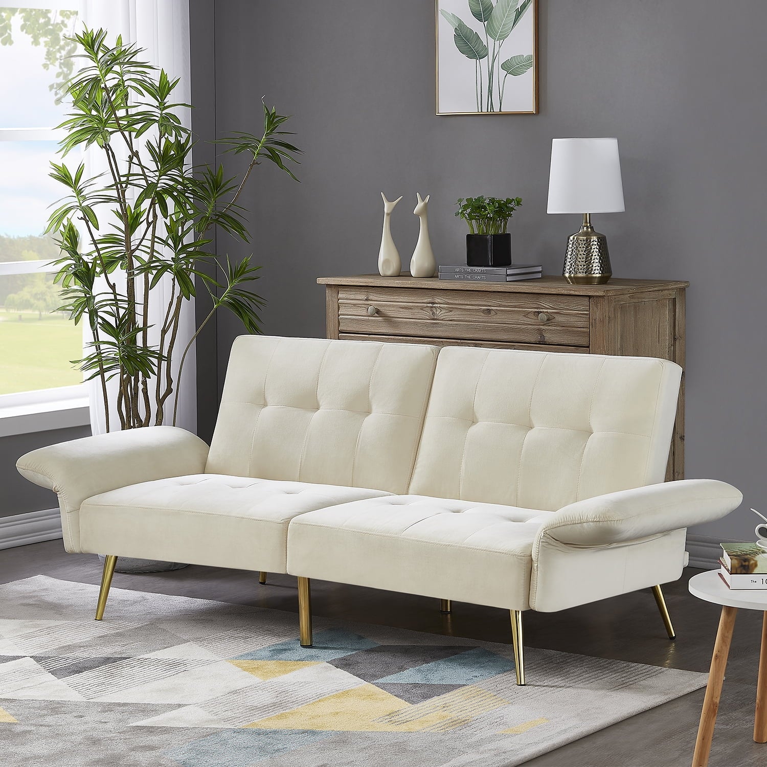 Furnibear 78in Futon Sofa Bed, Velvet Fabric Comfy Futon Couch Bed, Convertible Sleeper Sofa with Adjustable Backrestand Armrests, Modern Loveseat Sleeper for Living Room, Bedroom