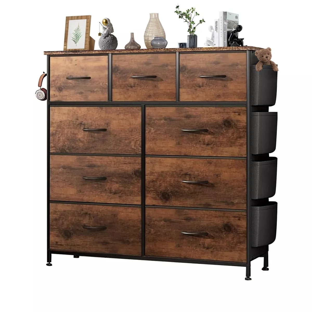 Furnibear 9-Drawer Fabric Storage Dresser - Sturdy Steel Frame Side Pockets, Spacious Storage for Bedroom/Closet
