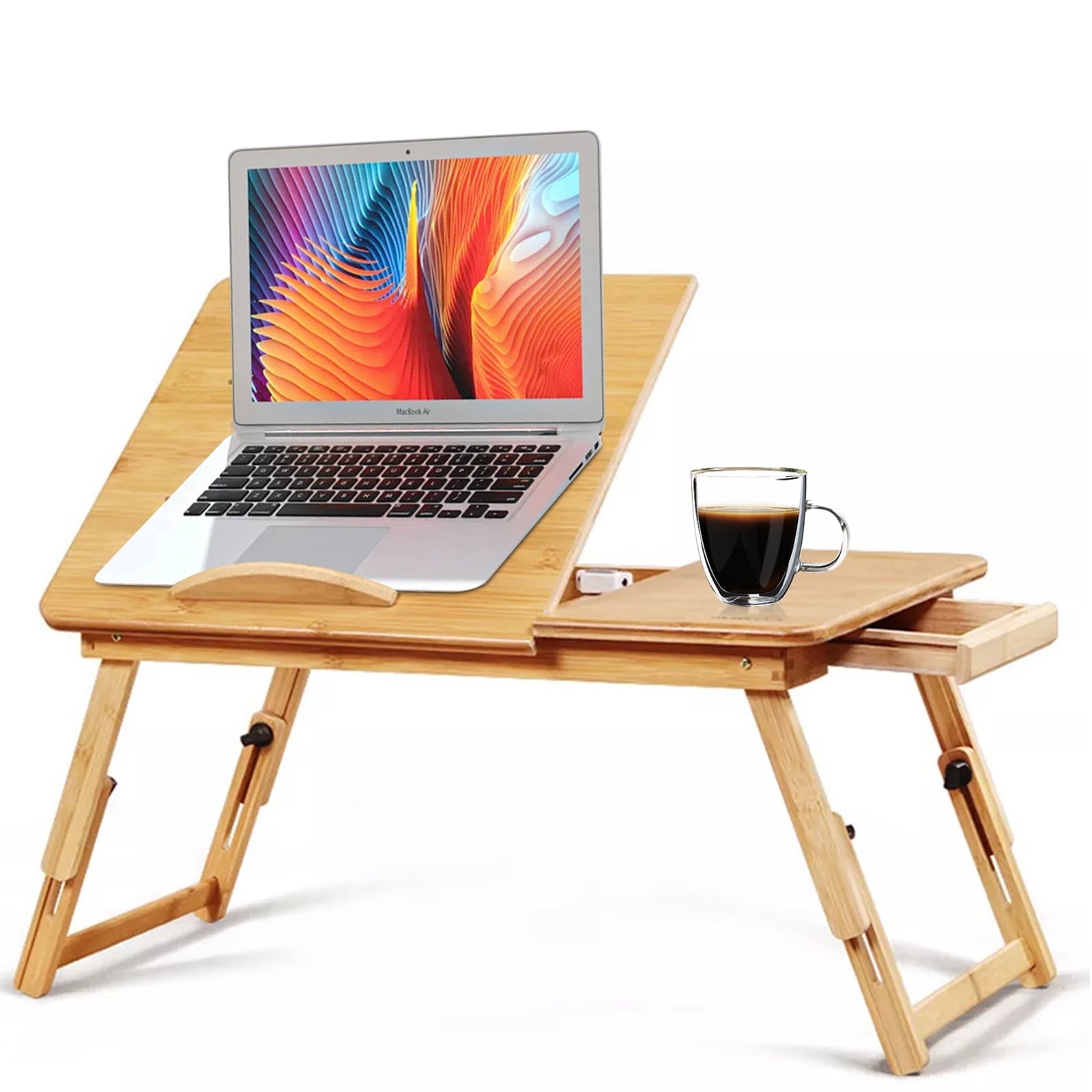 Furnibear Adjustable Height/Angle Bamboo Bed Tray Laptop Desk - Folding for Space-Saving, Built-in Drawer for Small Items Storage