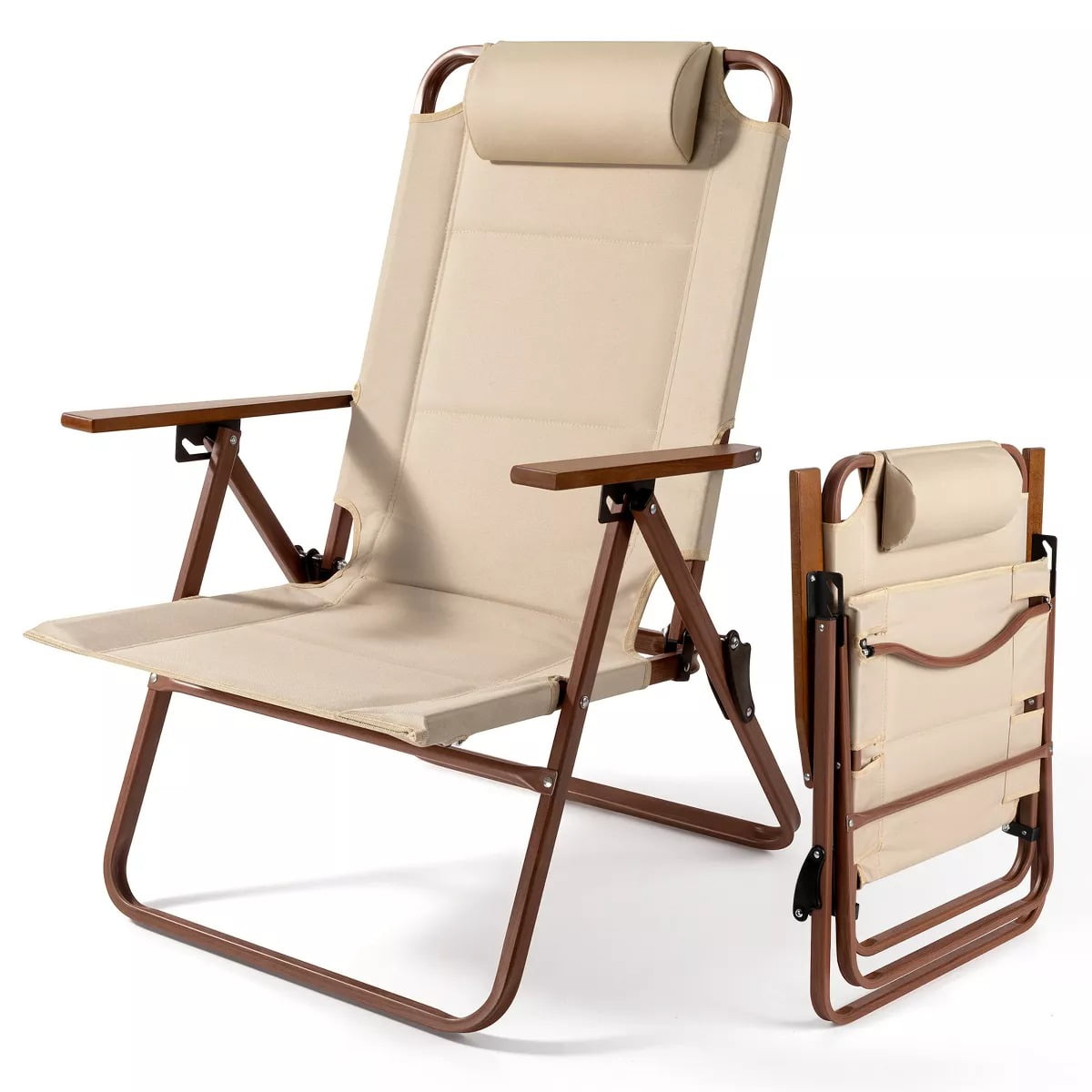 Furnibear Folding Lounge Chair 3-Position Adjustable Recline Camping Chair with Wood-Grain Armrests