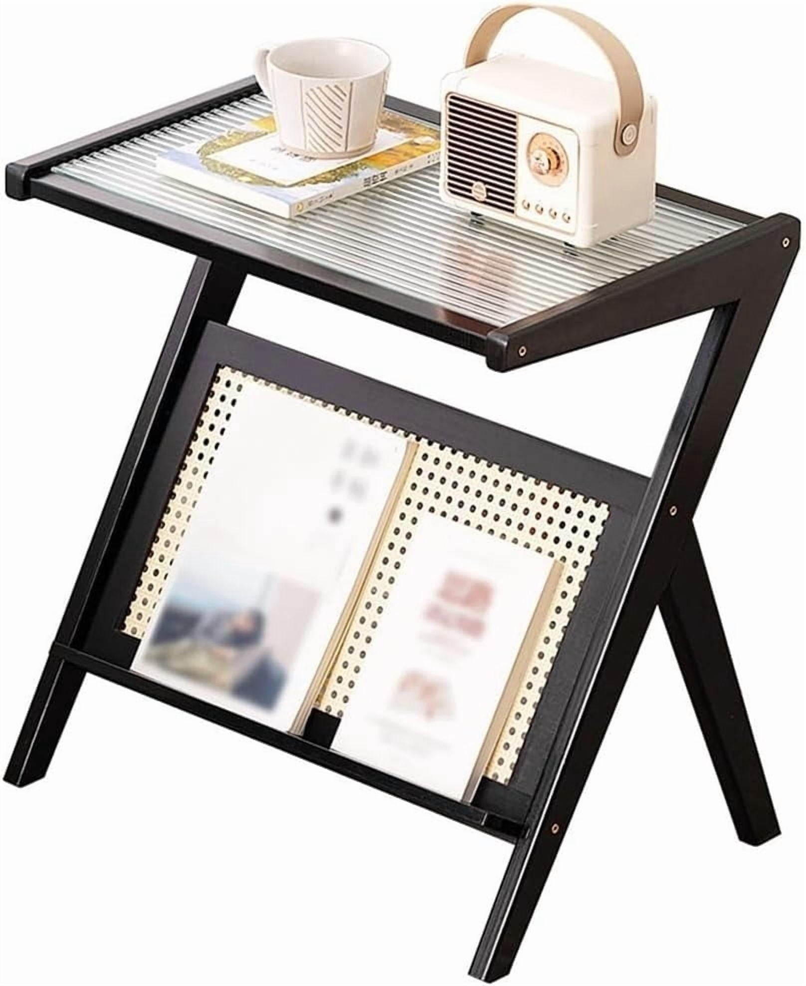 Furnibear Rattan Side Table Bamboo Accent Bedside Table with Tempered Glass Top, Black