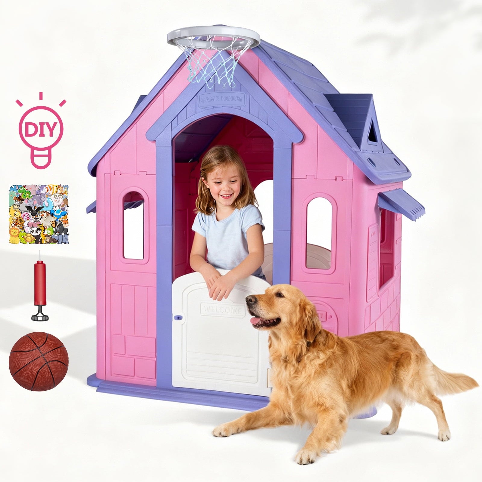 Furnibear Kids Playhouse Indoor Outdoor Slide Football Basketball Ring Toss Play House for Girls Boys Kids 2-8 Years Old