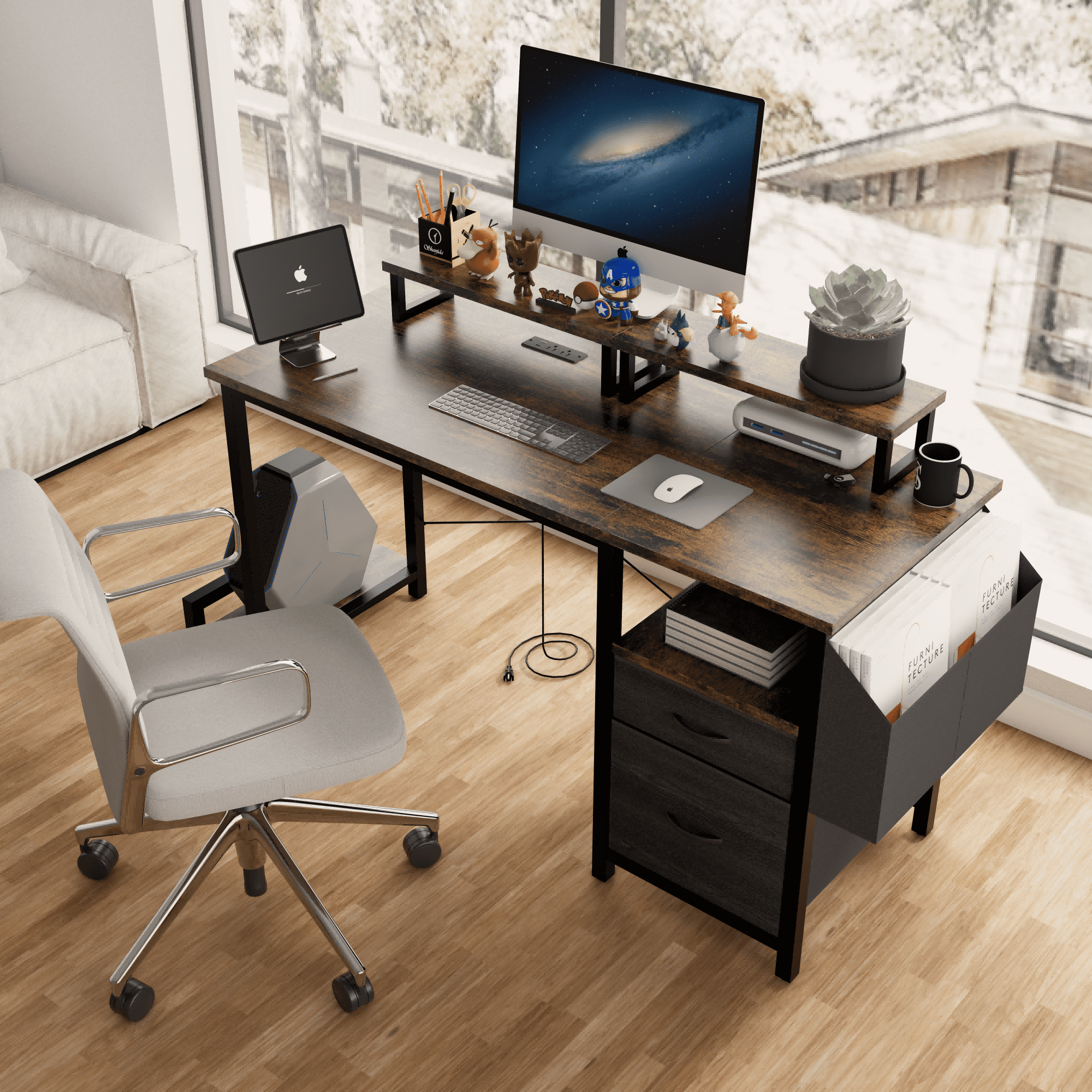 Furnibear Computer Desk with Drawer and Power Outlets, 47in Office Desk with 2 Monitor Stands and Fabric File Cabinet for Home Office, Small Space