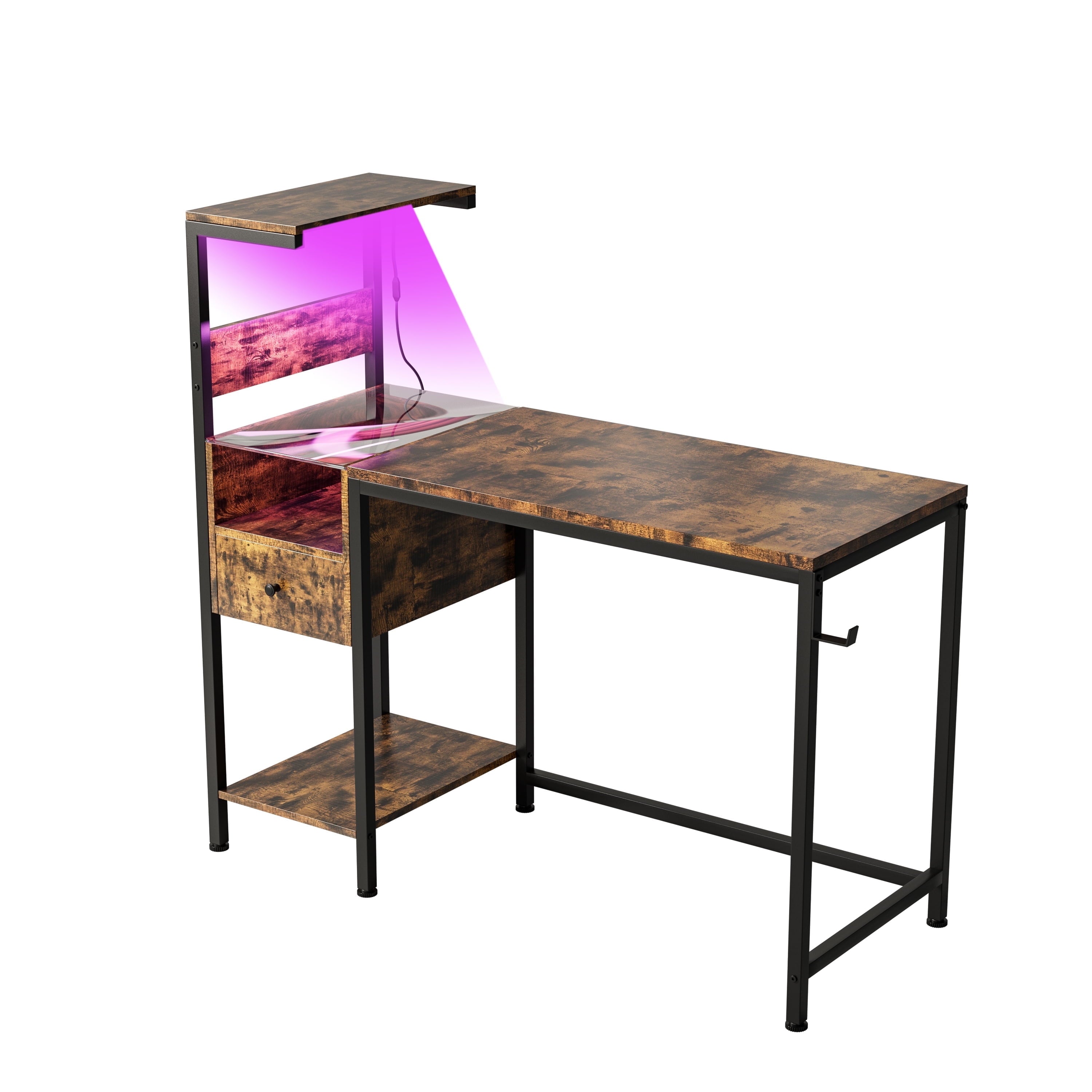 Furnibear Computer Desk with Power Outlet and Storage Shelves,Brown